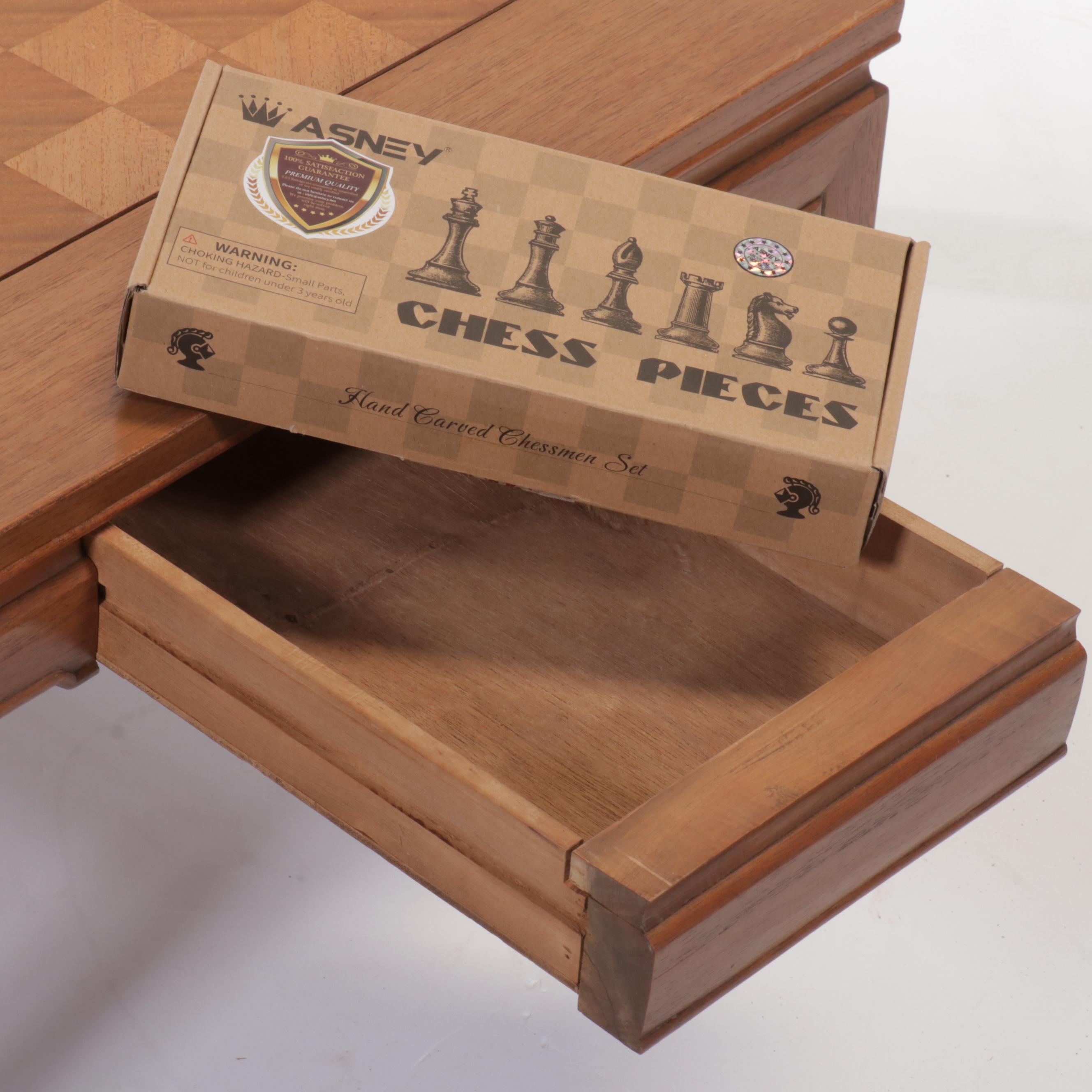 Ricardo Lynn & Co. Chinese Wooden Checkerboard Games Table with Chess Pieces