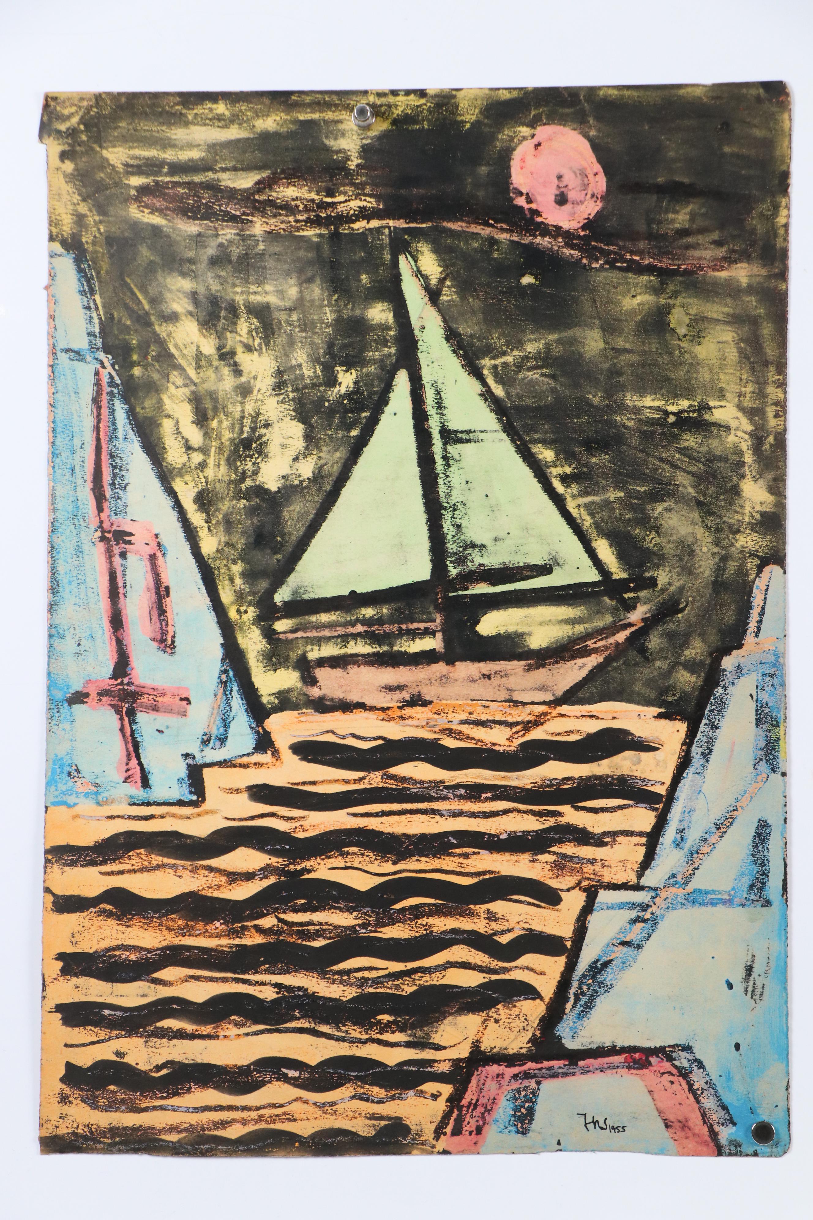 Fred R. Schwartz Color Lithographs of Sailboat and Abstract Composition, 1955