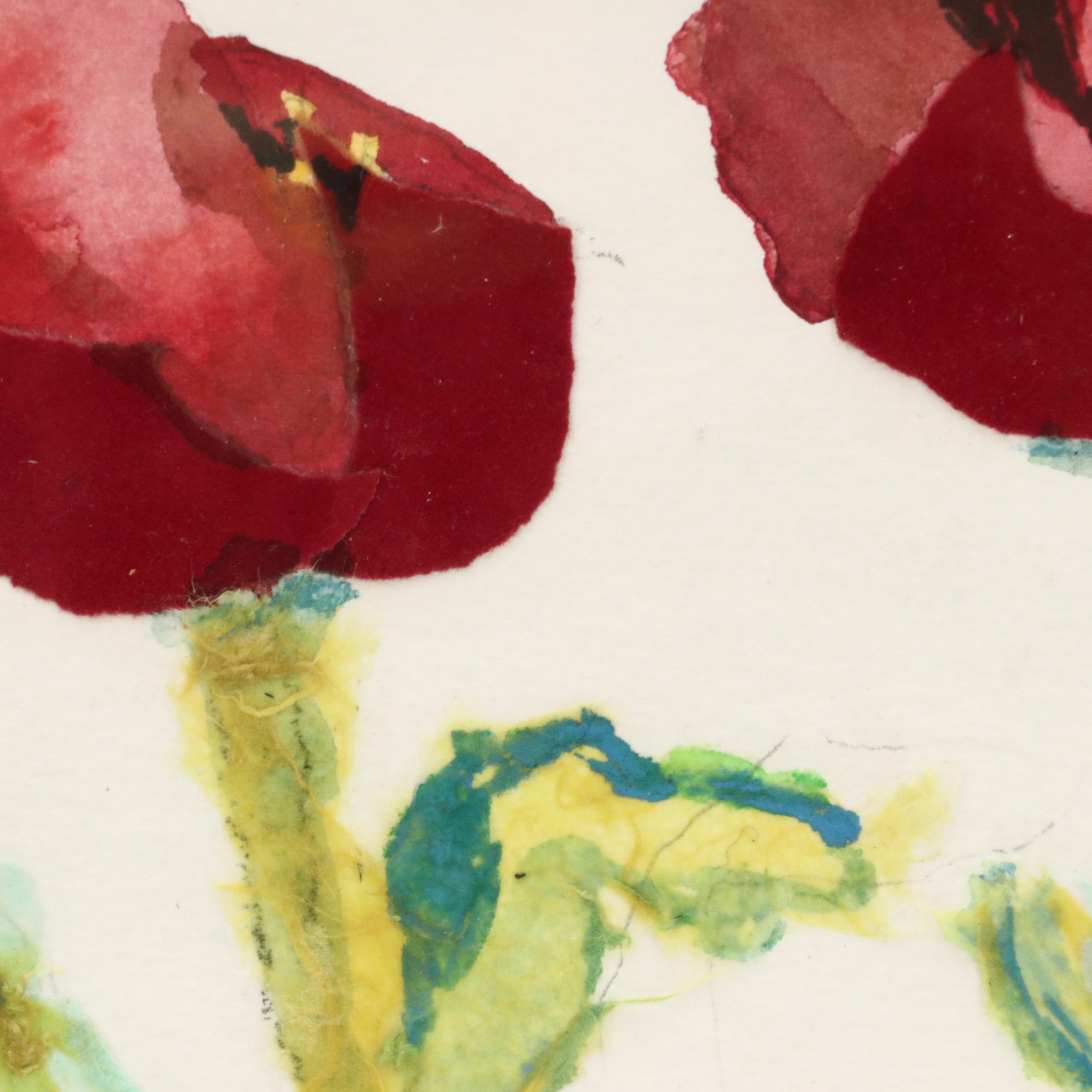 Mixed Media Painting of Poppies with Textile Collage Details