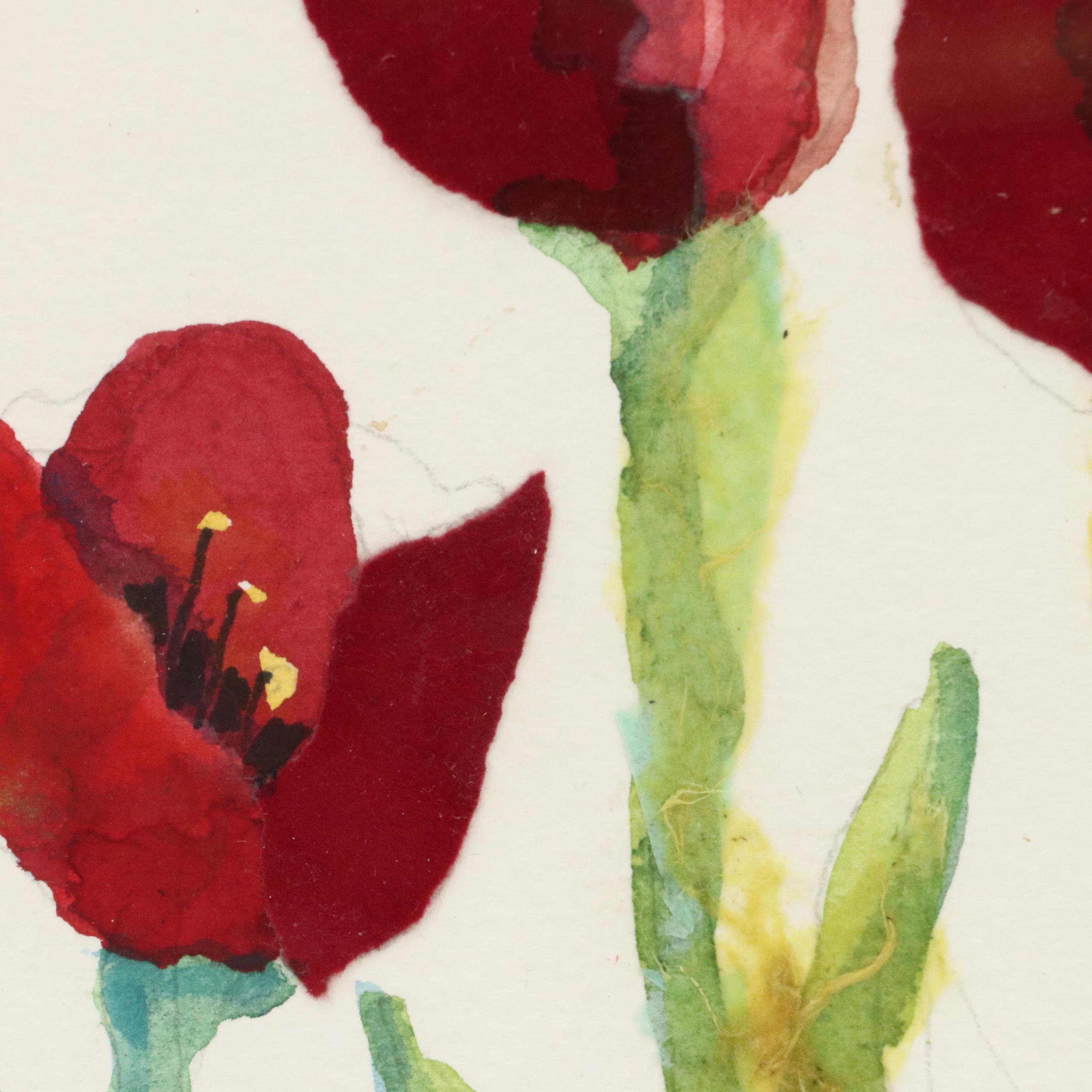 Mixed Media Painting of Poppies with Textile Collage Details