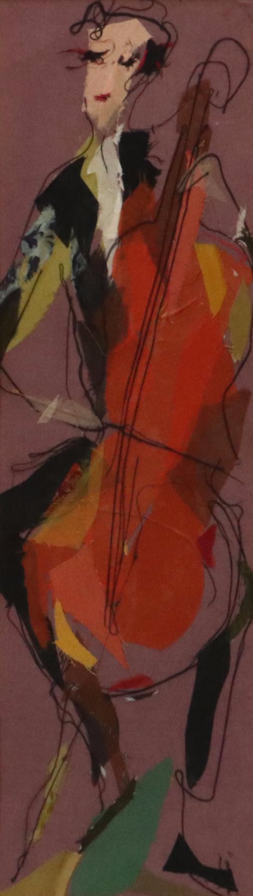 Ella Ra'ayoni Textile Collage of Musician Playing Cello
