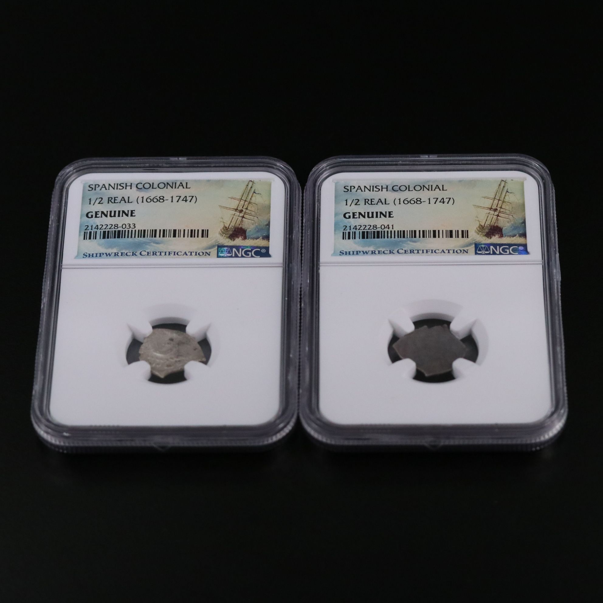 Two Spanish Colonial Shipwreck 1/2-Real Silver Cob Coins, ca. 1700, NGC Genuine