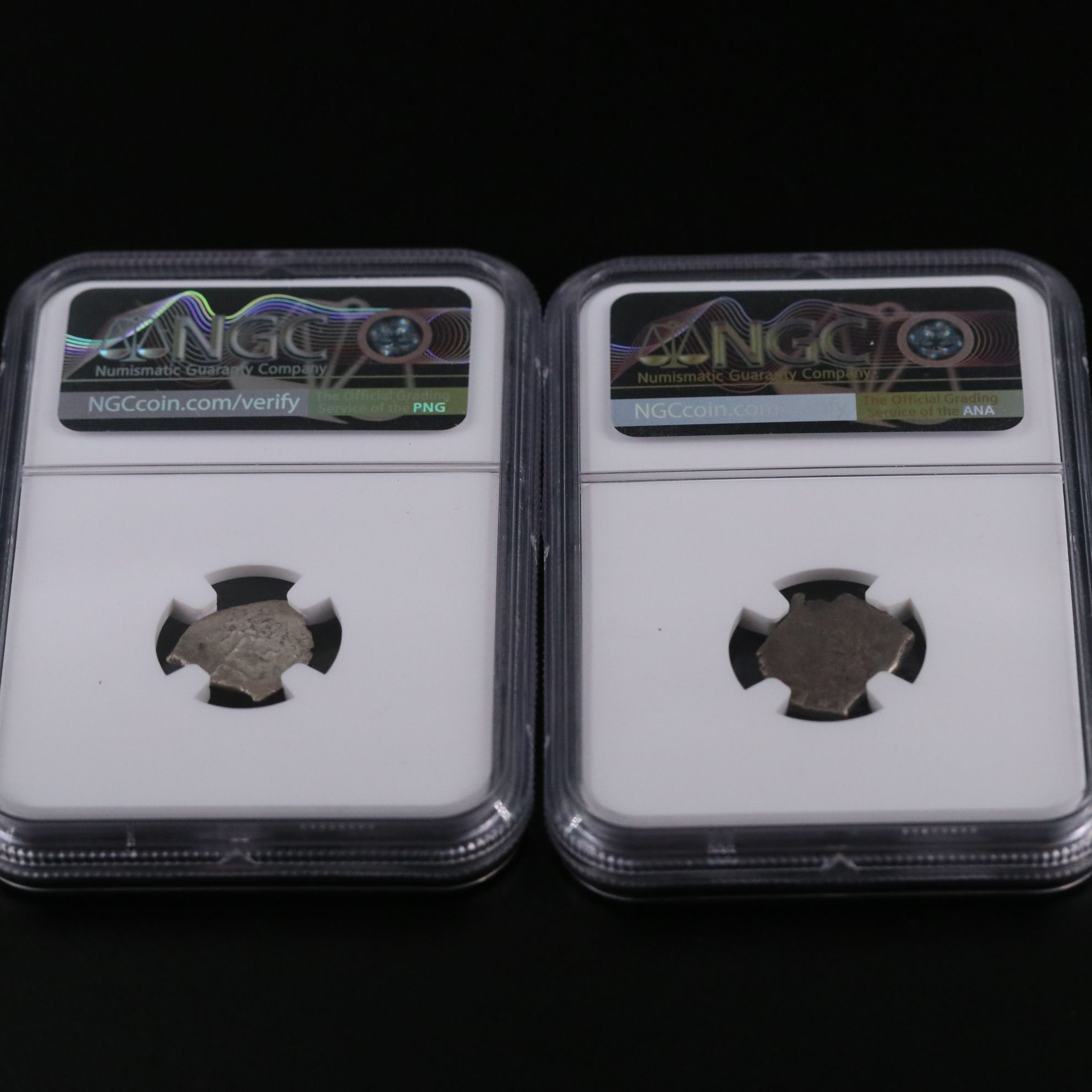 Two Spanish Colonial Shipwreck 1/2-Real Silver Cob Coins, ca. 1700, NGC Genuine