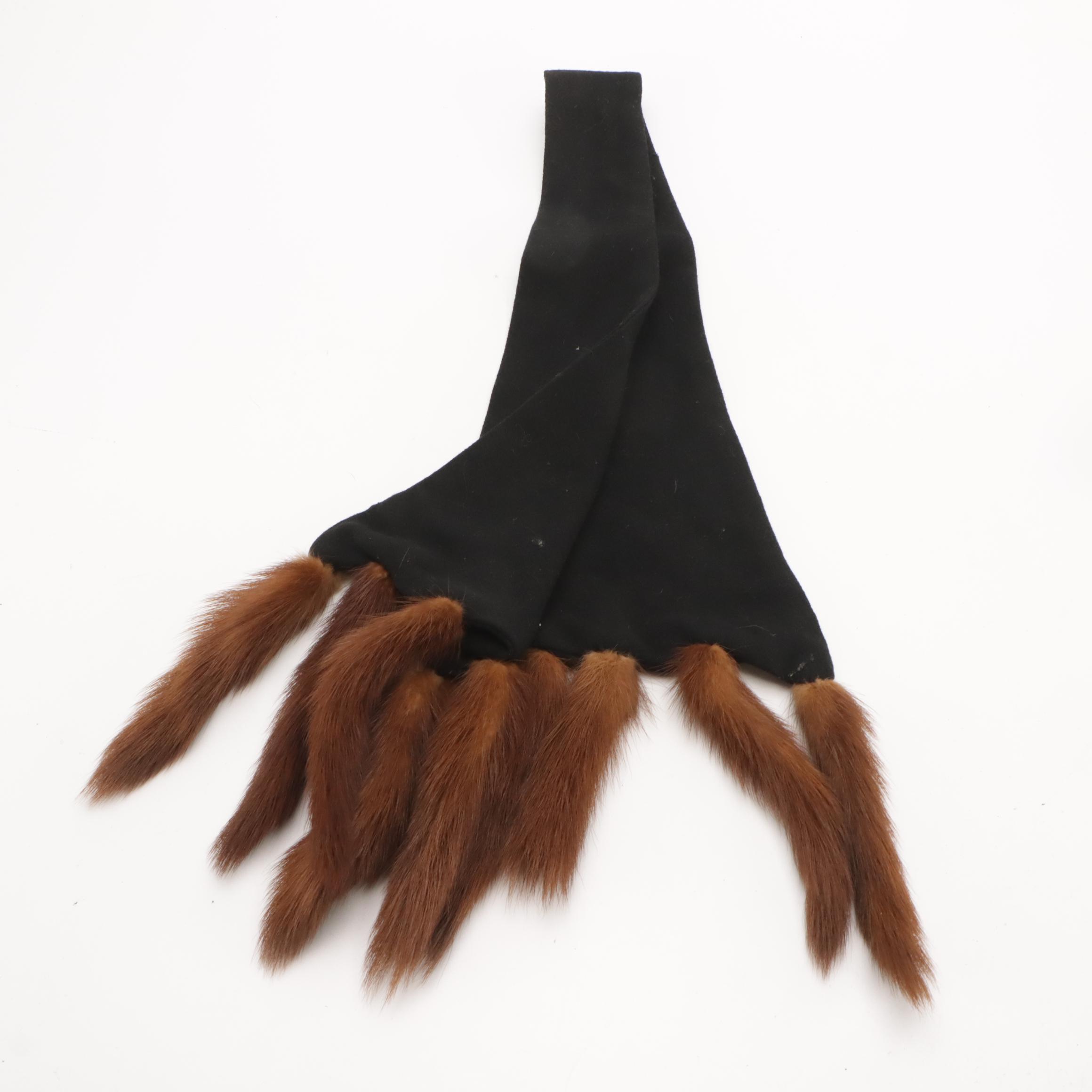 Leslie James Fur Felt Bumper Hat and Other Wool Scarf with Mink Fur Tails, 1940s