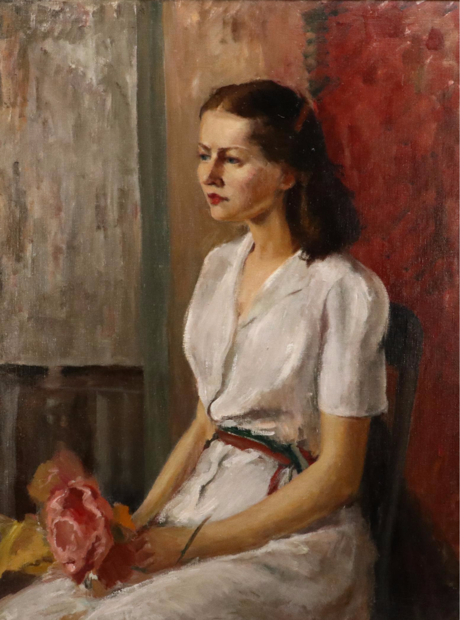 Oil Painting Portrait of Young Woman Holding Bouquet