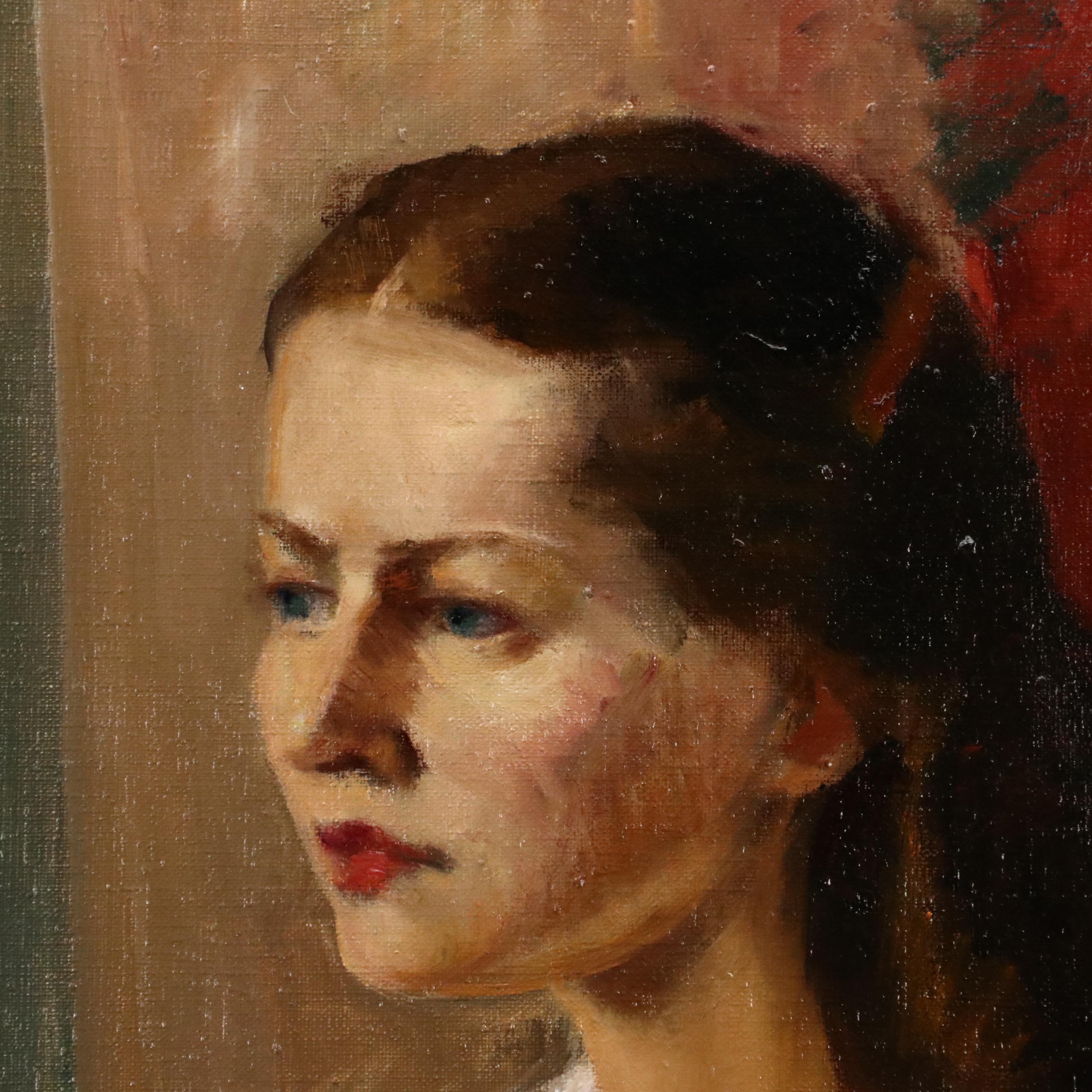 Oil Painting Portrait of Young Woman Holding Bouquet