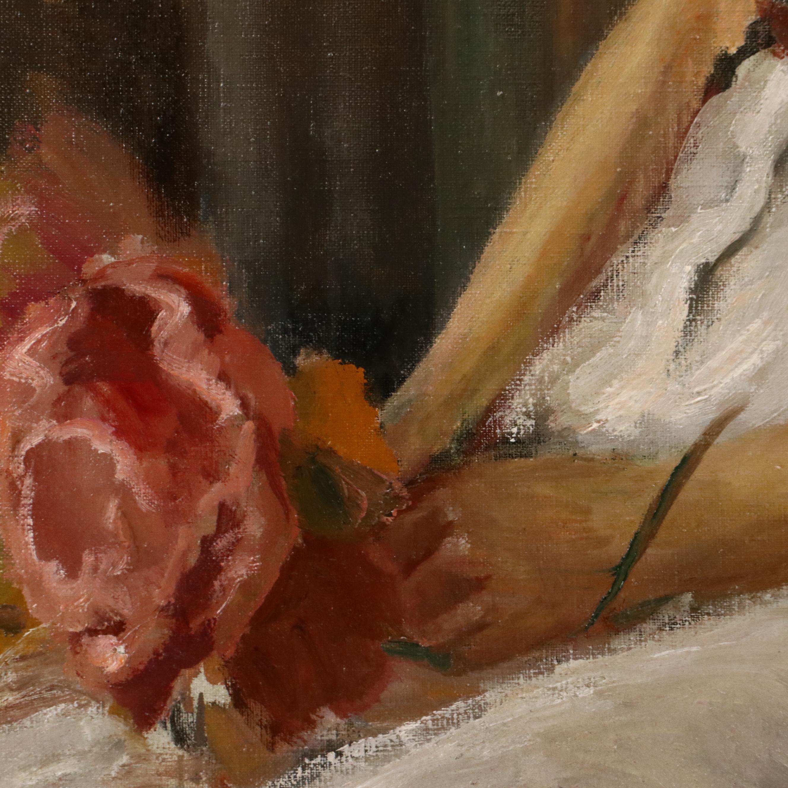 Oil Painting Portrait of Young Woman Holding Bouquet