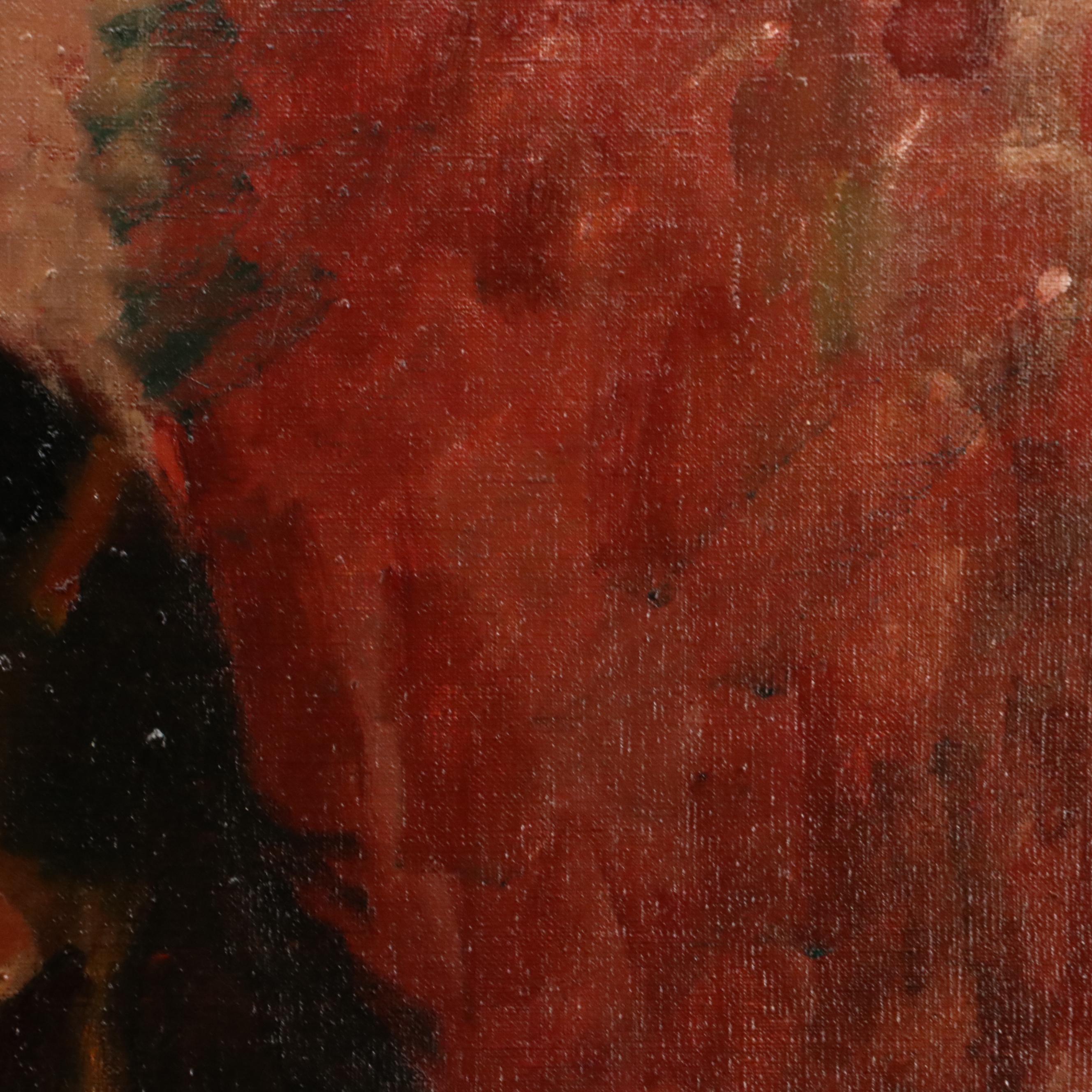 Oil Painting Portrait of Young Woman Holding Bouquet