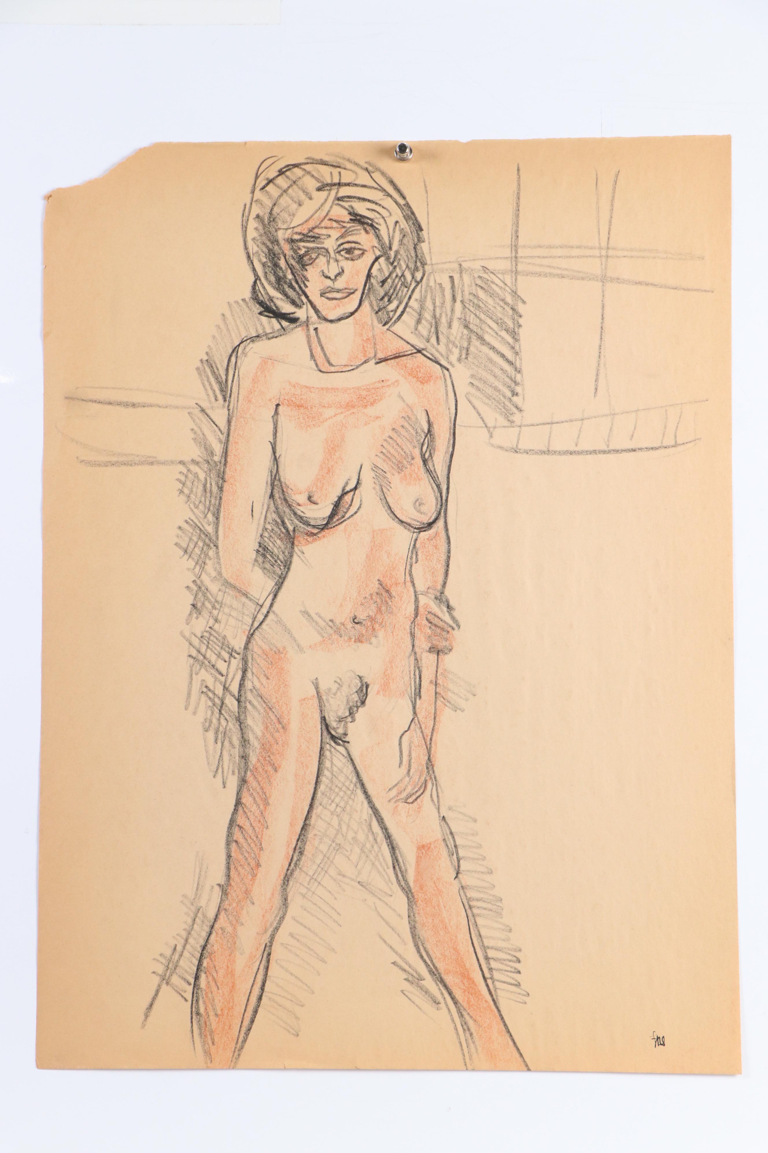 Fred R. Schwartz Figural Oil Pastel Drawings of Nude Women, Mid-20th Century