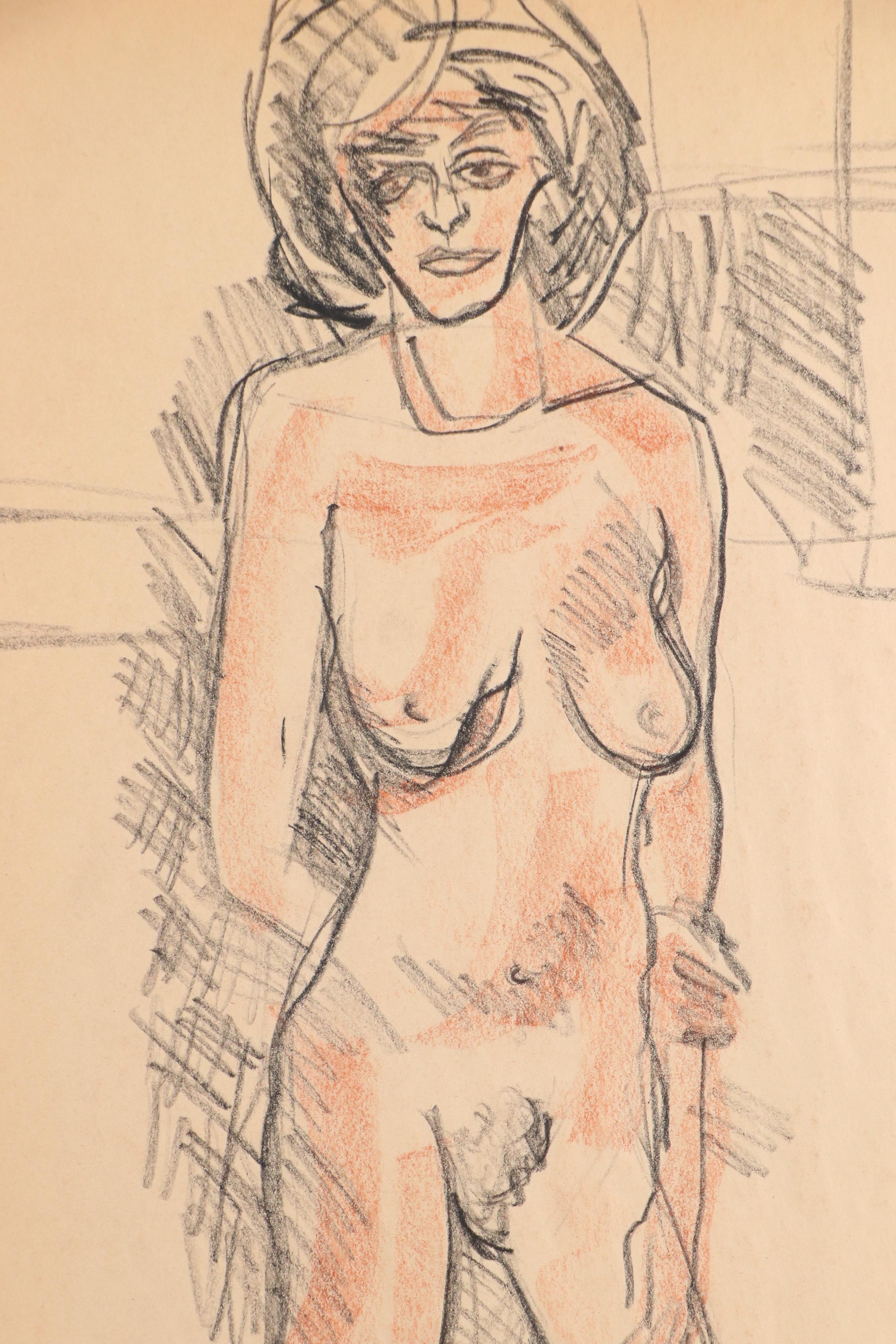 Fred R. Schwartz Figural Oil Pastel Drawings of Nude Women, Mid-20th Century