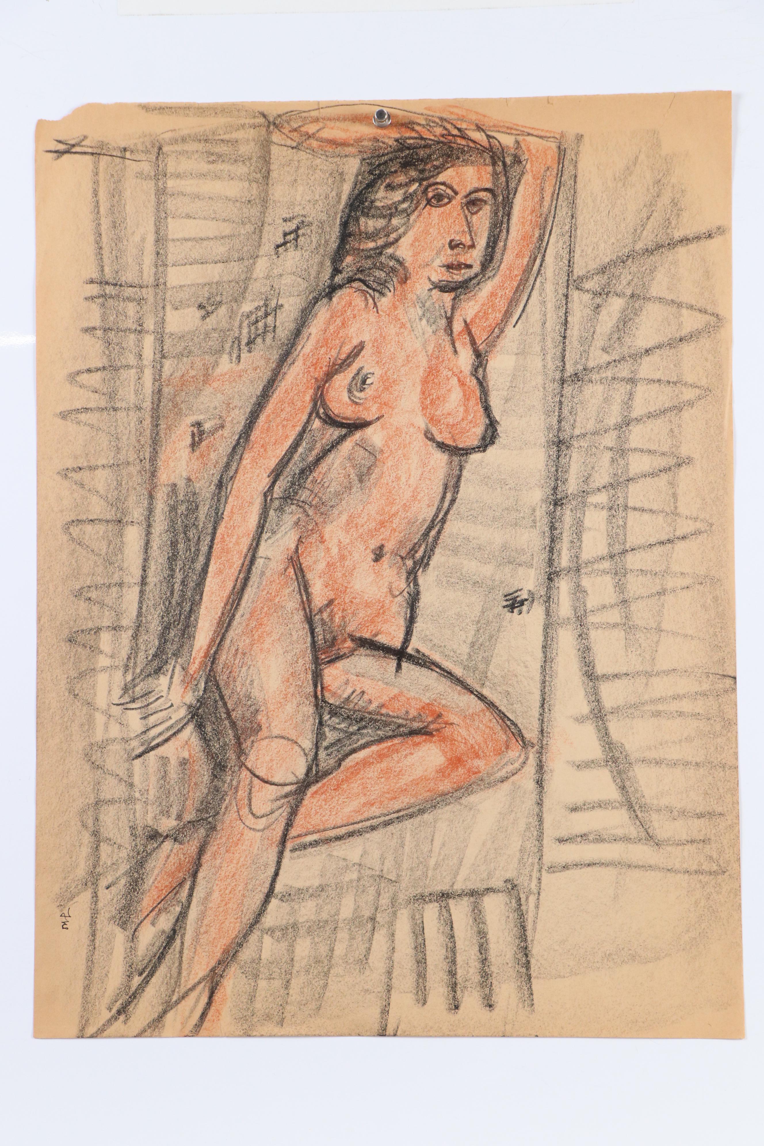 Fred R. Schwartz Figural Oil Pastel Drawings of Nude Women, Mid-20th Century