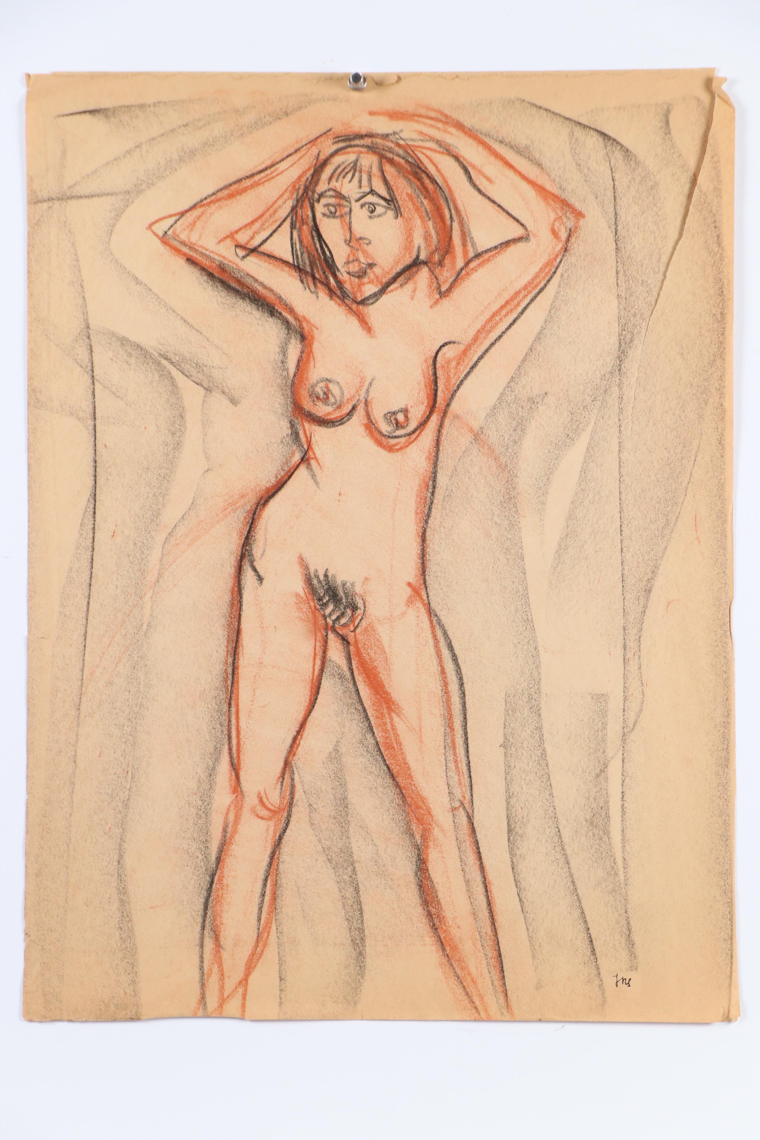 Fred R. Schwartz Figural Oil Pastel Drawings of Nude Women, Mid-20th Century