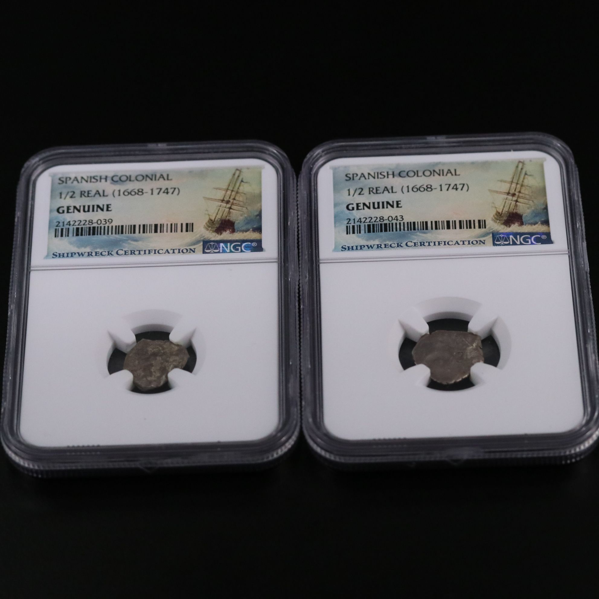 Two Spanish Colonial Shipwreck 1/2-Real Silver Cob Coins, ca. 1700, NGC Genuine