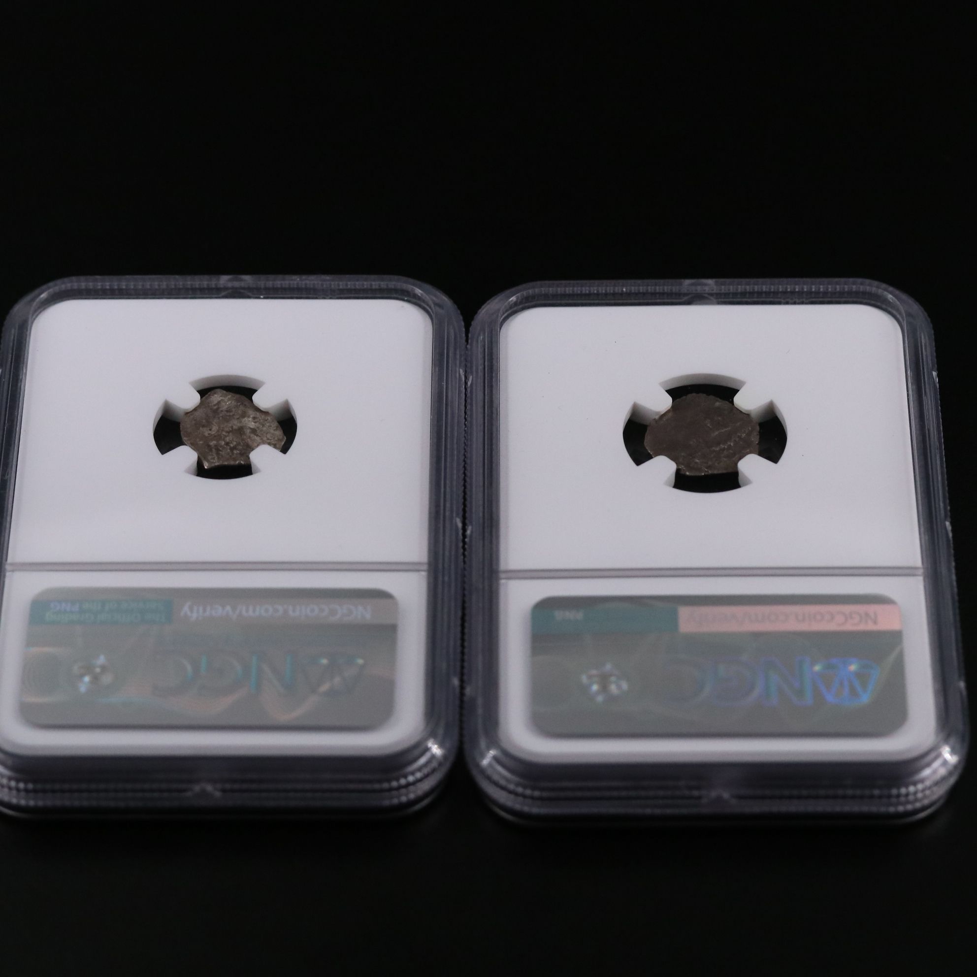 Two Spanish Colonial Shipwreck 1/2-Real Silver Cob Coins, ca. 1700, NGC Genuine
