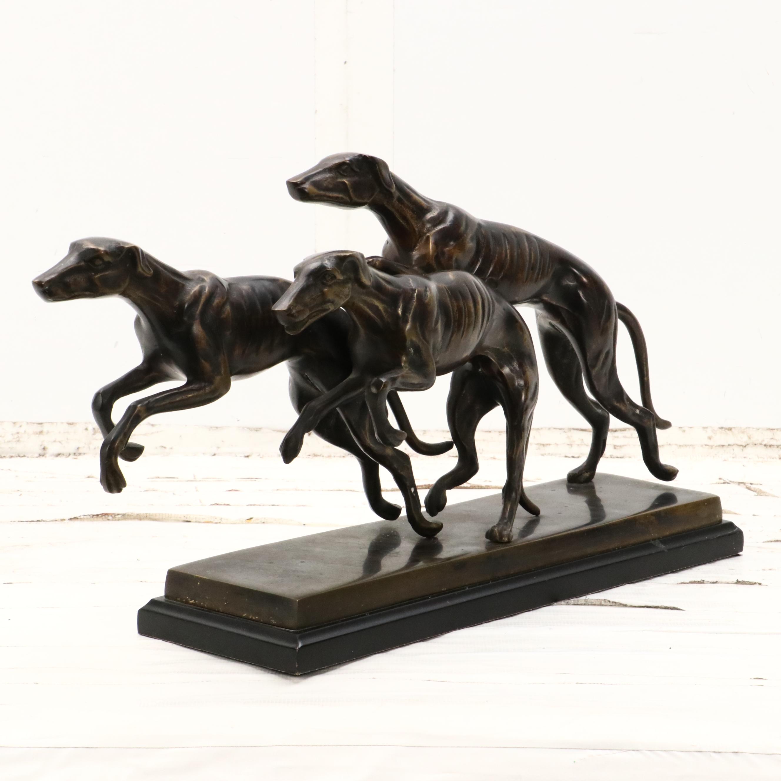 Patinated Cast Spelter Statue of Three Running Greyhounds