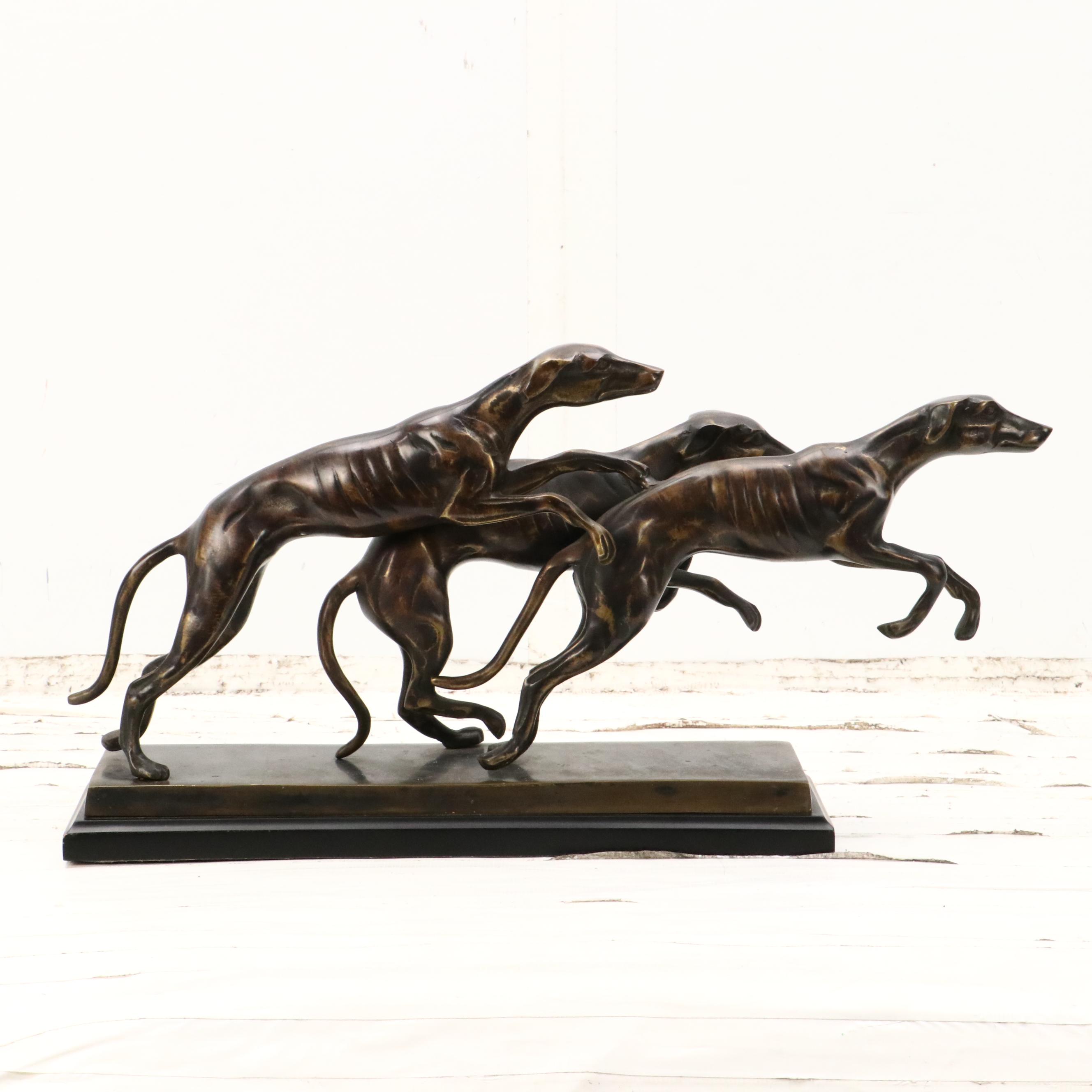 Patinated Cast Spelter Statue of Three Running Greyhounds