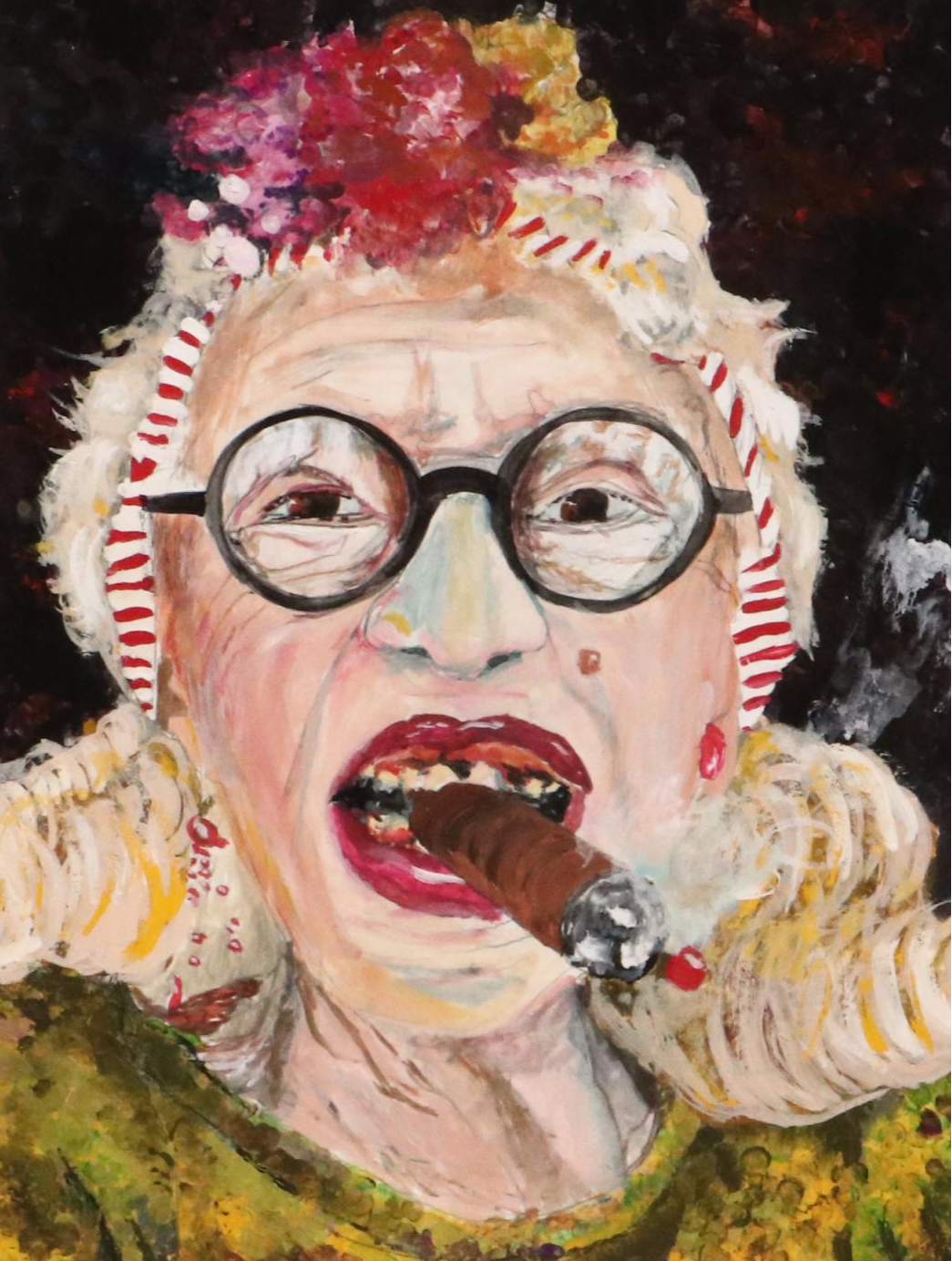 Olivia Latinovich Portrait Gouache Painting of Woman with Cigar, 21st Century