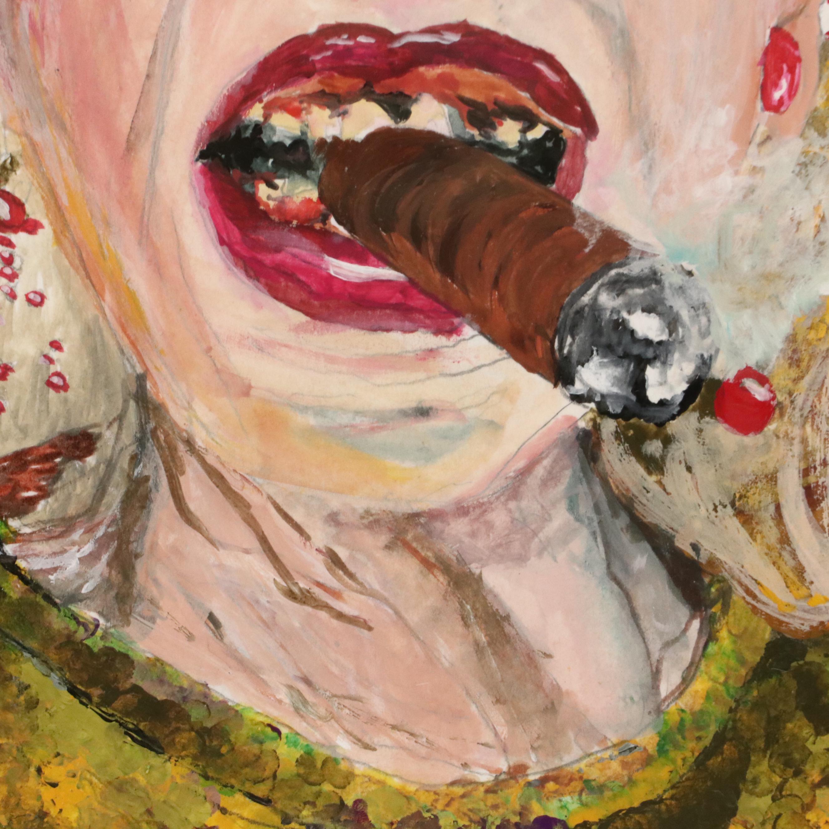 Olivia Latinovich Portrait Gouache Painting of Woman with Cigar, 21st Century