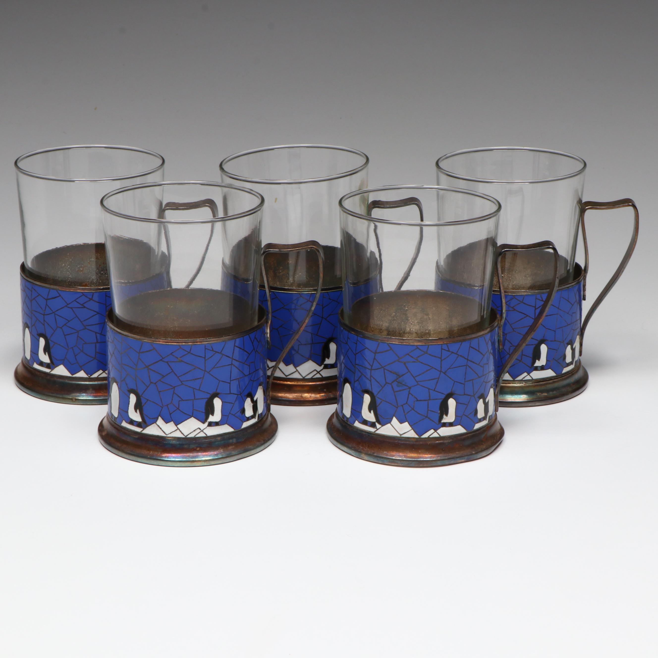 USSR Podstakannik Enamel Penguin Tea Glass Holders with Duralex Glasses