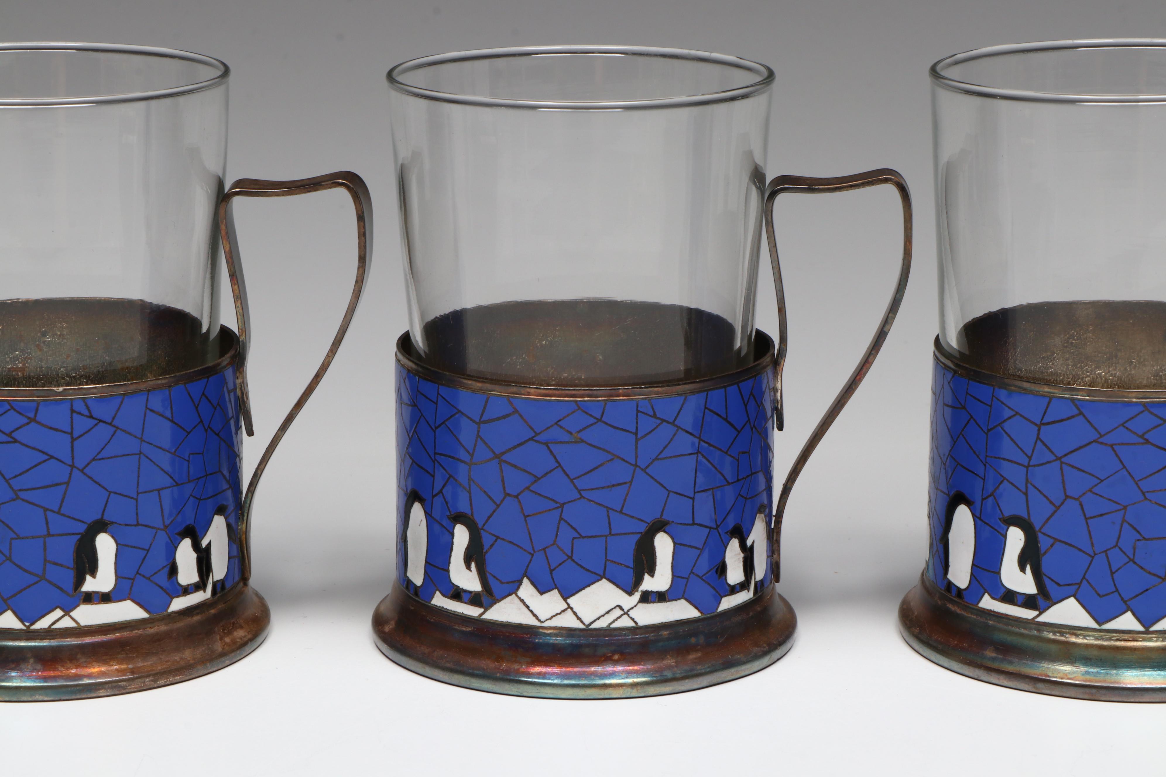 USSR Podstakannik Enamel Penguin Tea Glass Holders with Duralex Glasses