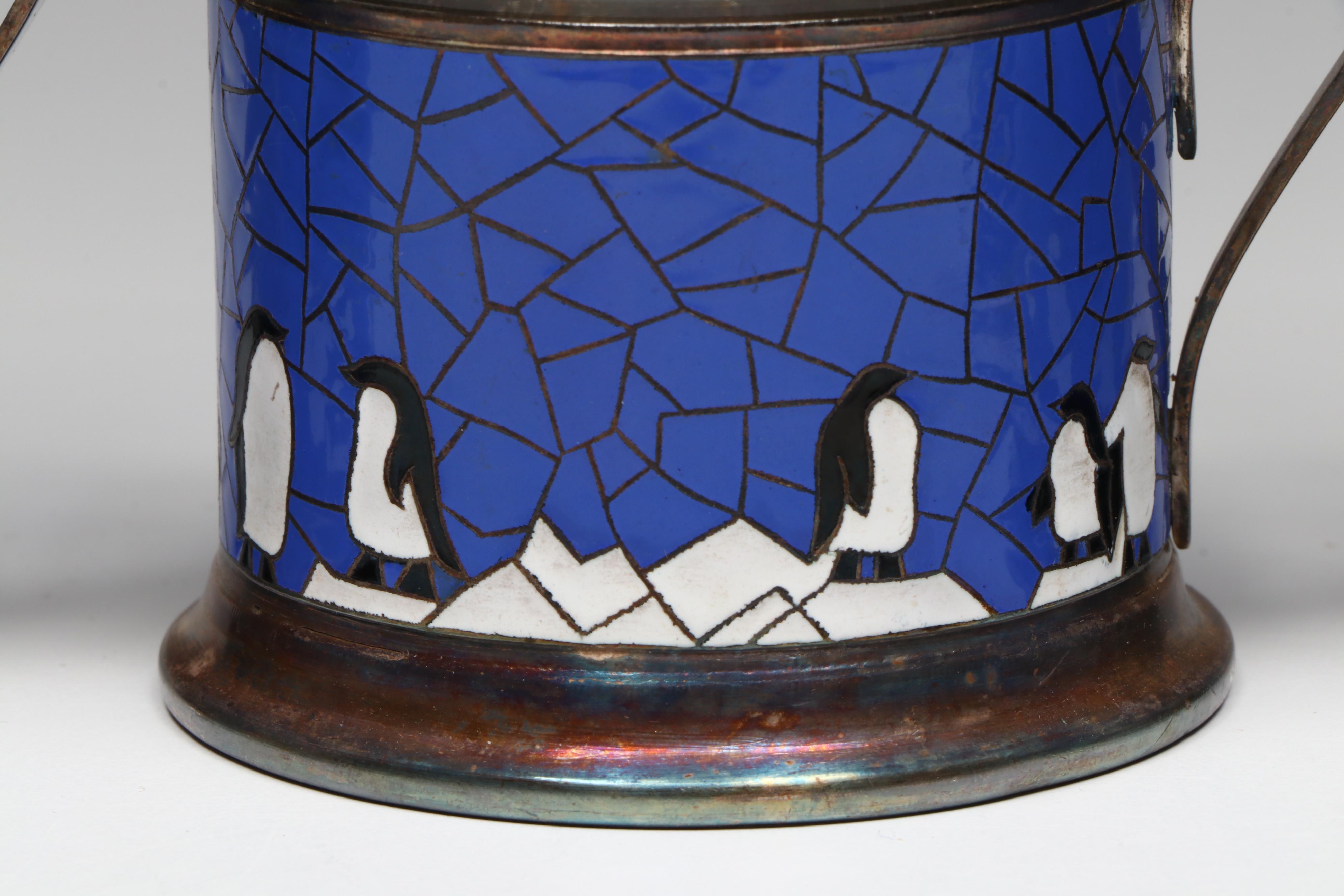 USSR Podstakannik Enamel Penguin Tea Glass Holders with Duralex Glasses