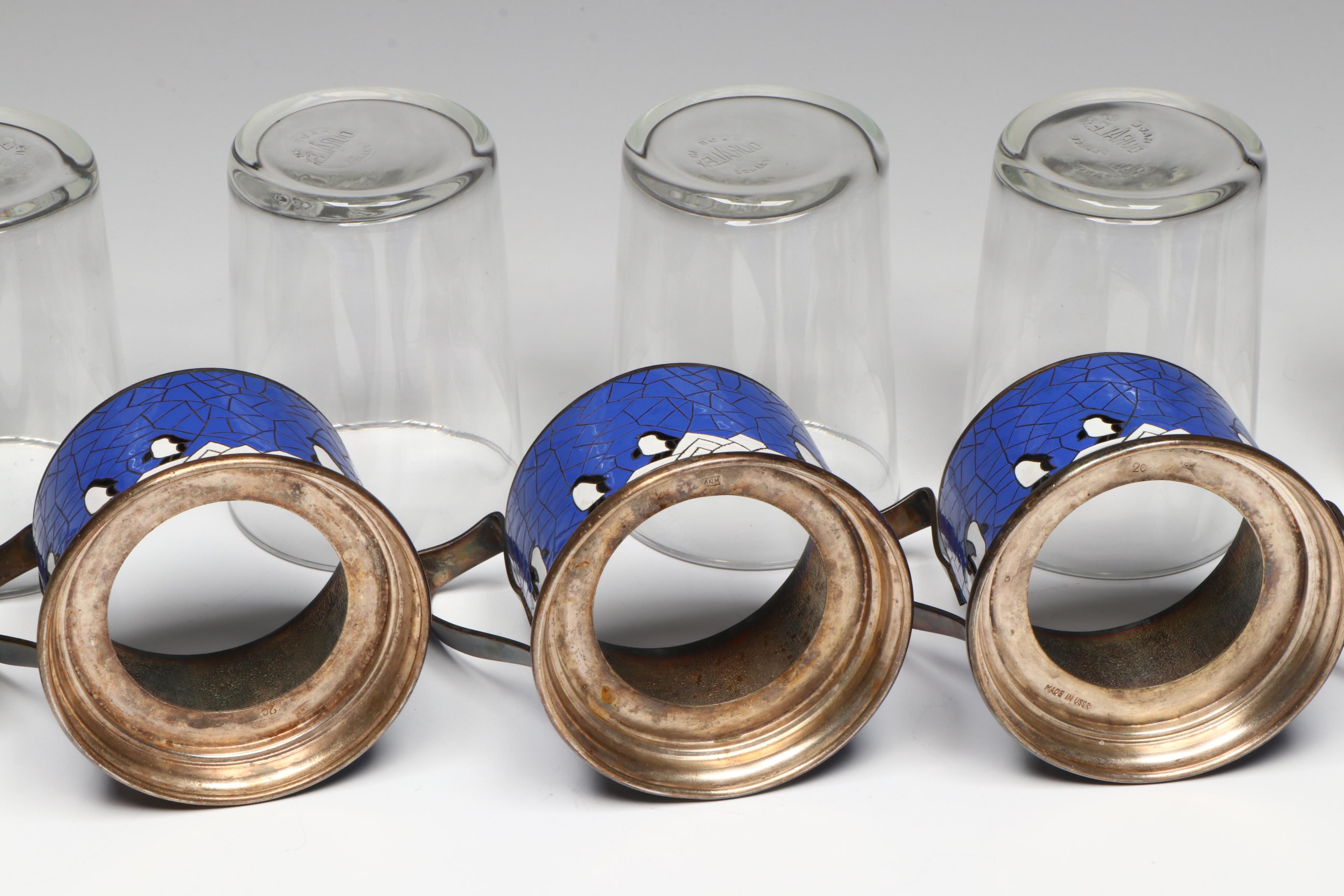 USSR Podstakannik Enamel Penguin Tea Glass Holders with Duralex Glasses