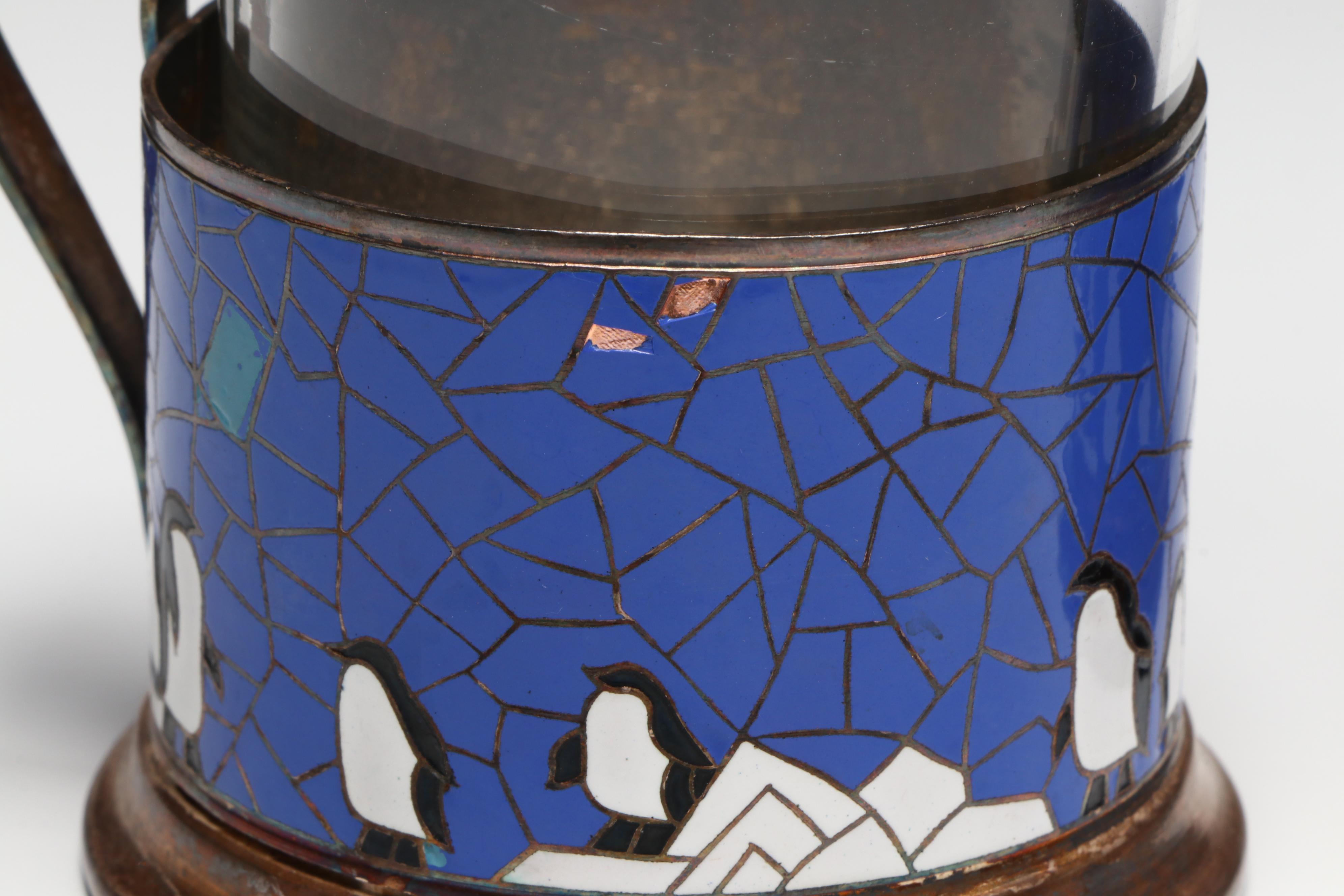 USSR Podstakannik Enamel Penguin Tea Glass Holders with Duralex Glasses