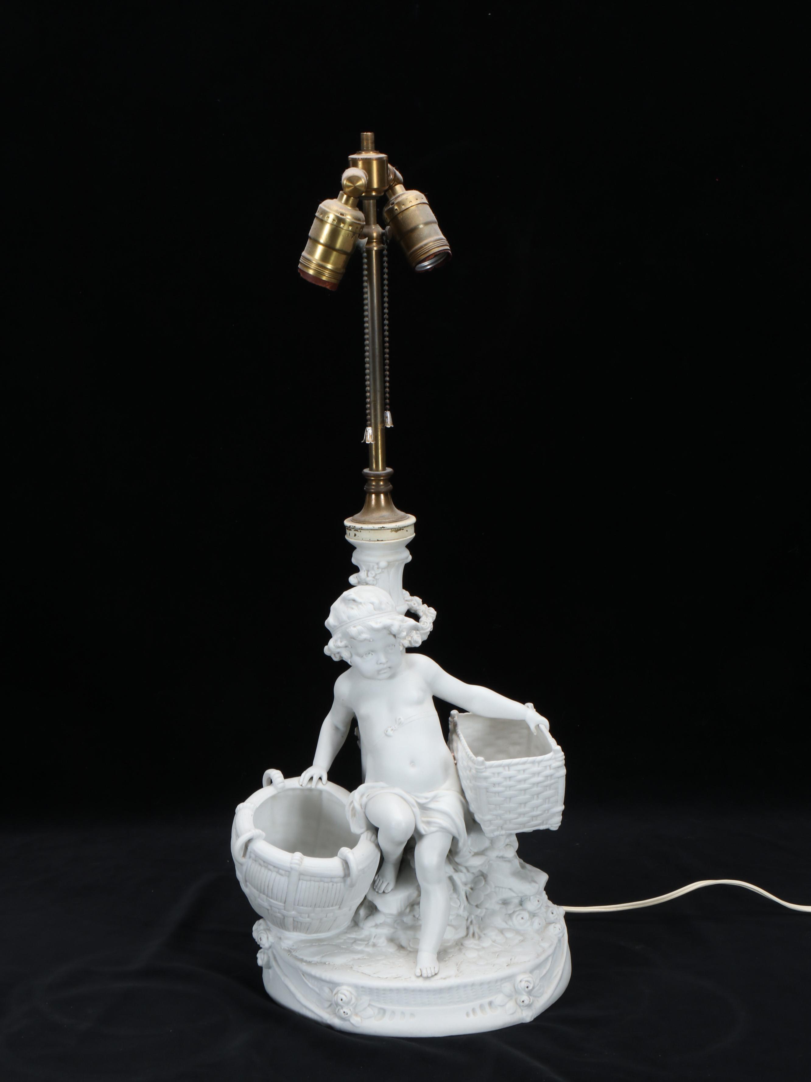 German Bisque Porcelain Cherub with Baskets Table Lamp, Vintage