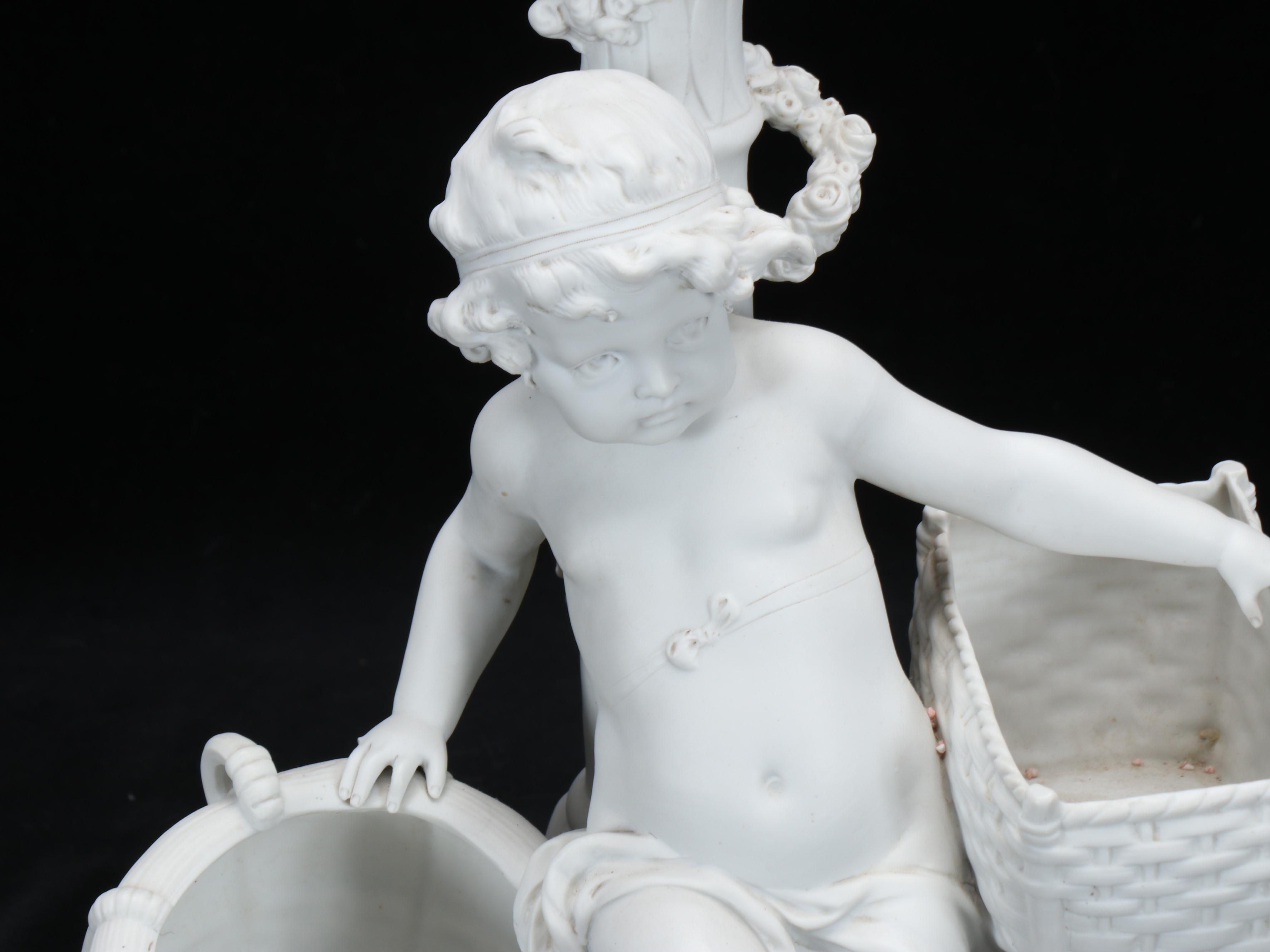 German Bisque Porcelain Cherub with Baskets Table Lamp, Vintage