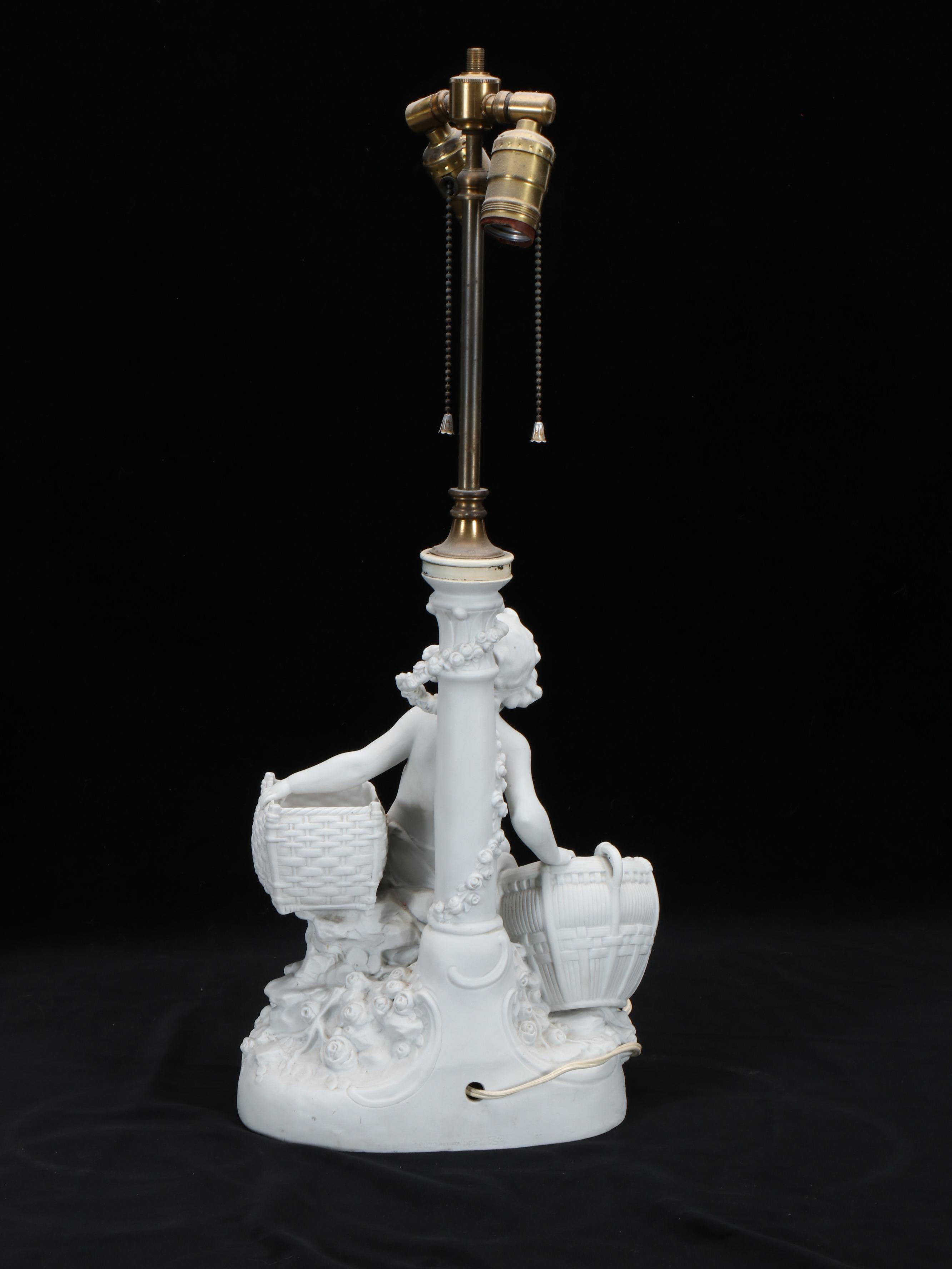 German Bisque Porcelain Cherub with Baskets Table Lamp, Vintage