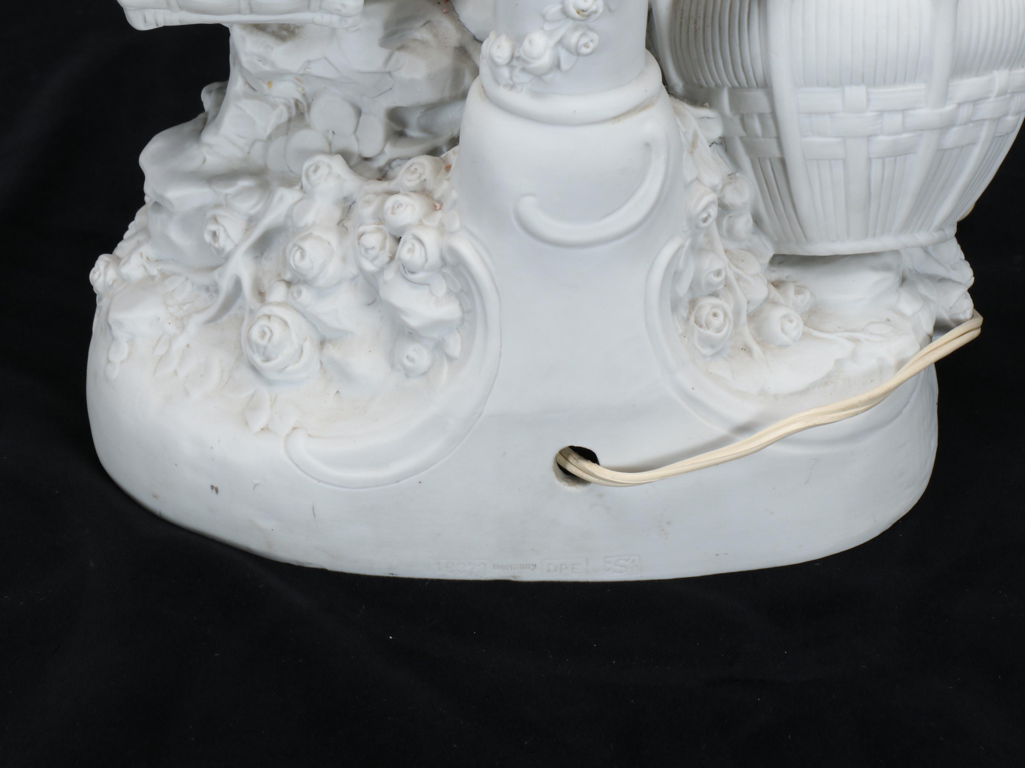 German Bisque Porcelain Cherub with Baskets Table Lamp, Vintage