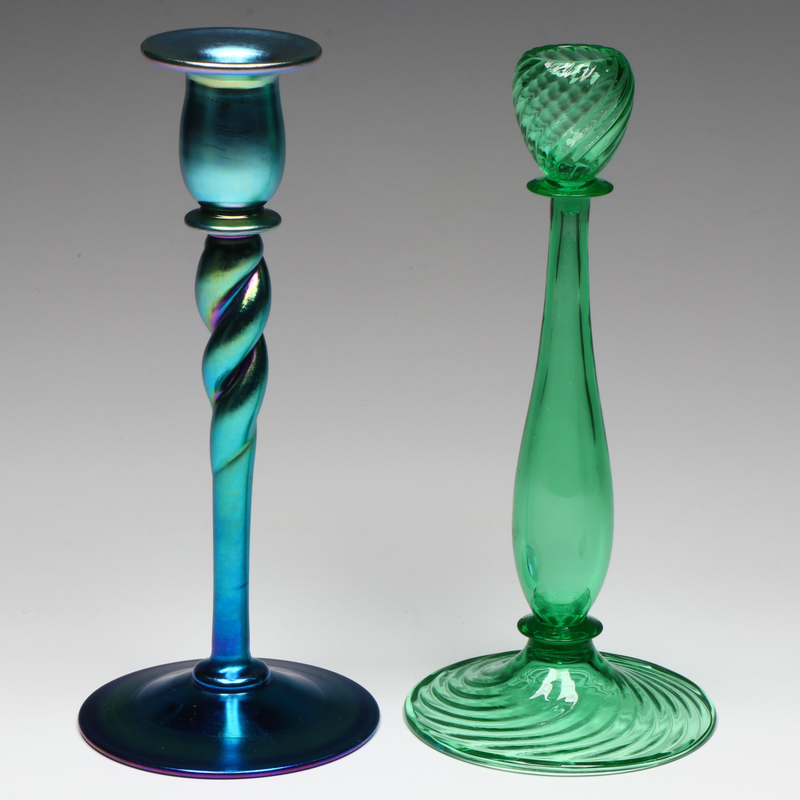 Steuben "Blue Aurene" Iridescent with Green Optic Swirl Glass Candlesticks