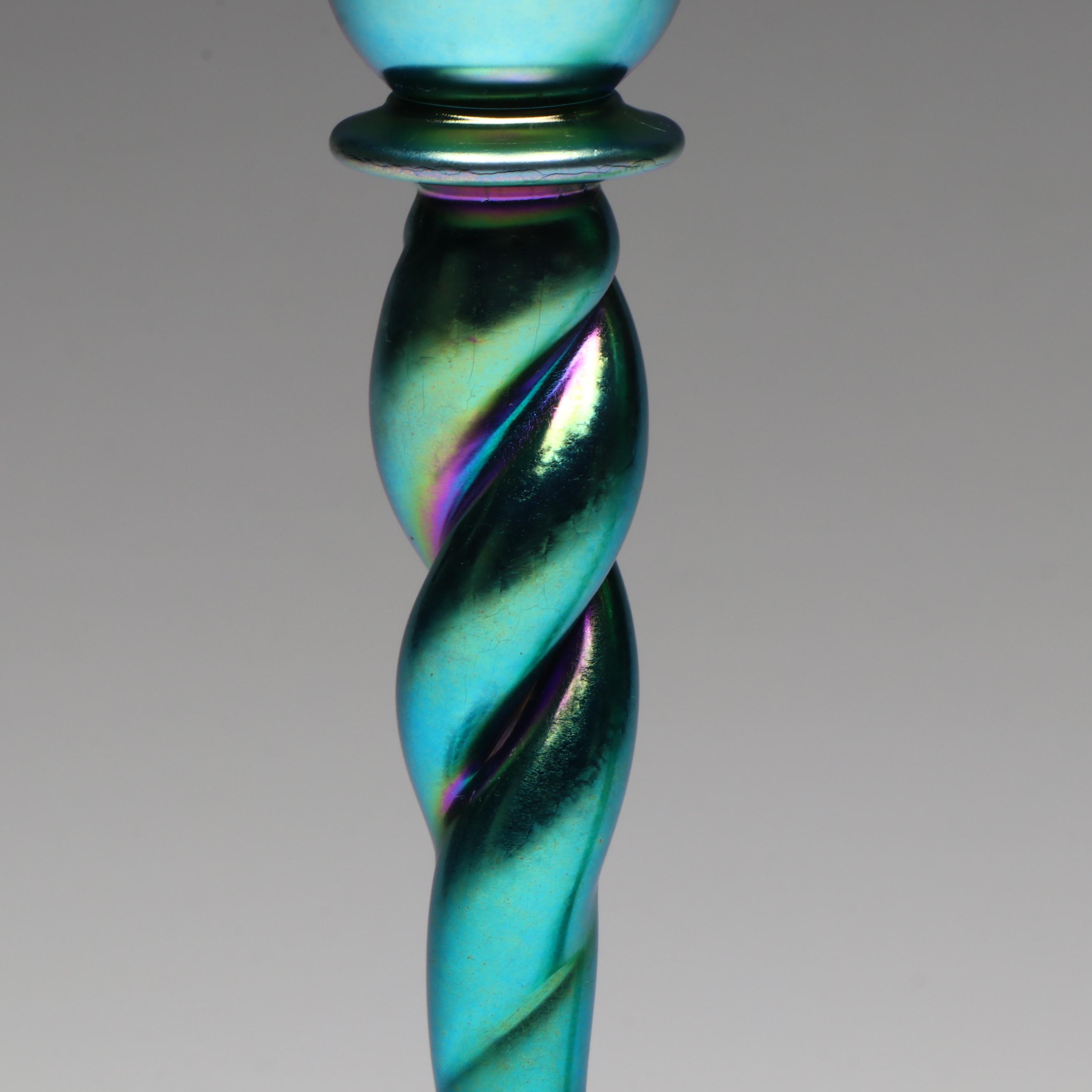 Steuben "Blue Aurene" Iridescent with Green Optic Swirl Glass Candlesticks
