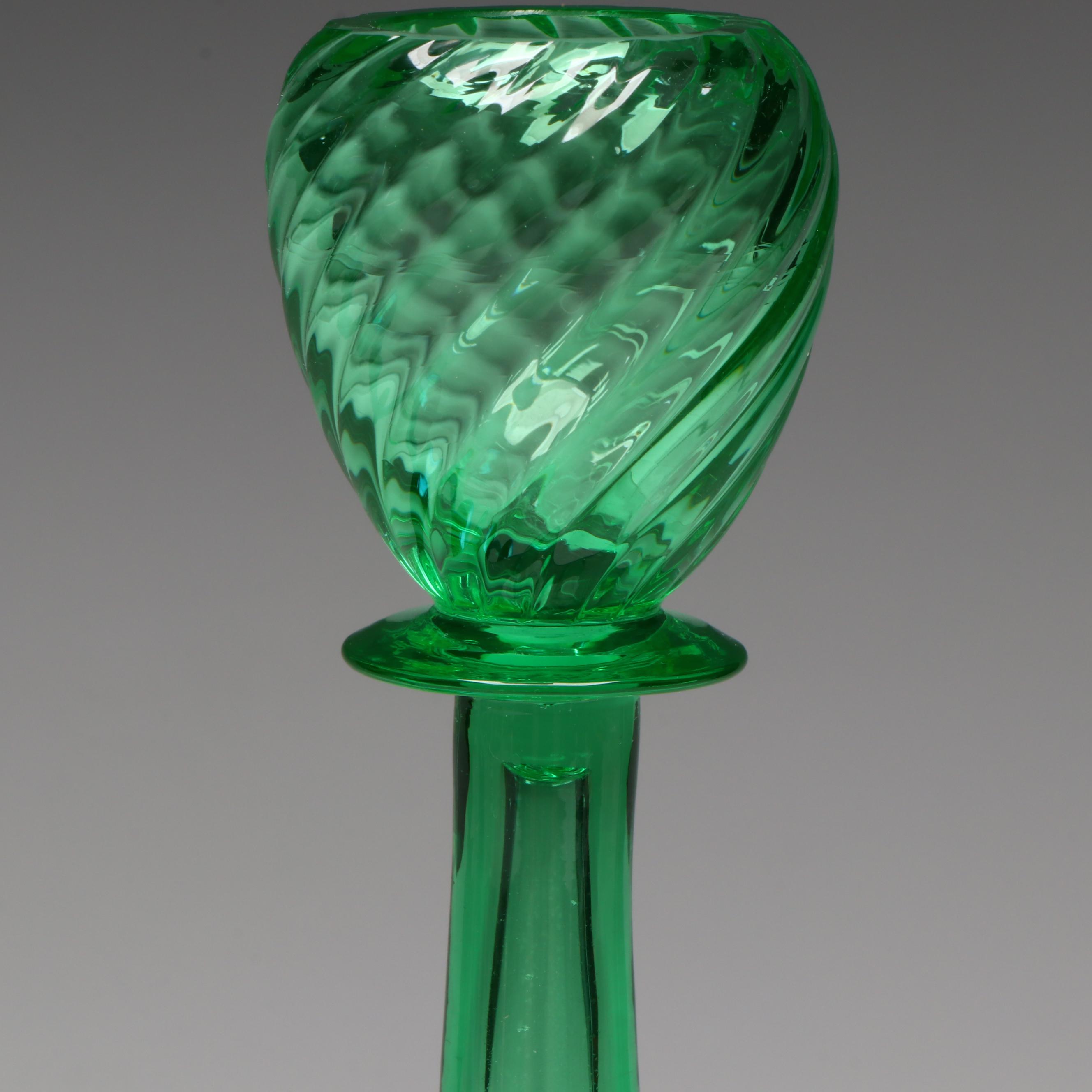 Steuben "Blue Aurene" Iridescent with Green Optic Swirl Glass Candlesticks