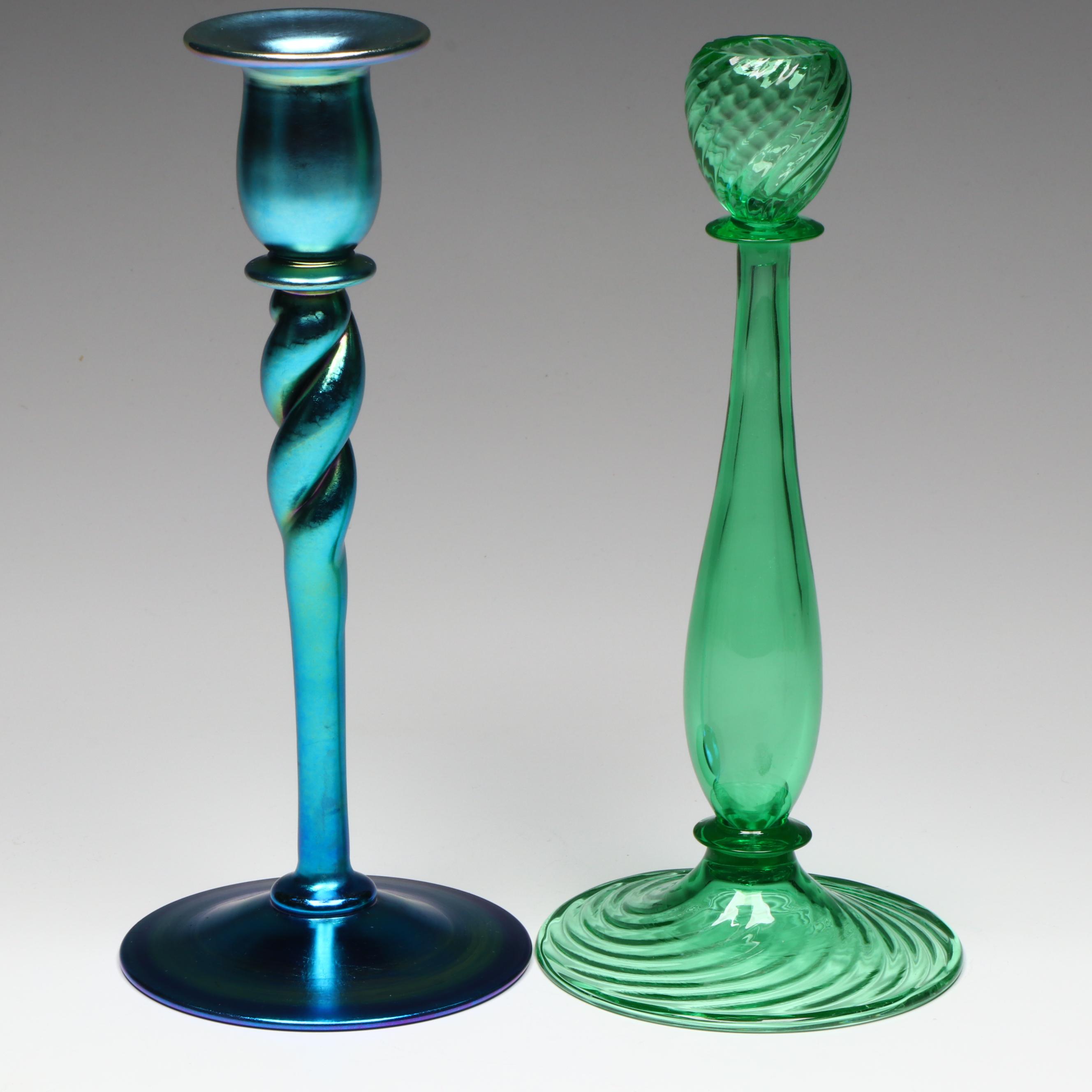 Steuben "Blue Aurene" Iridescent with Green Optic Swirl Glass Candlesticks
