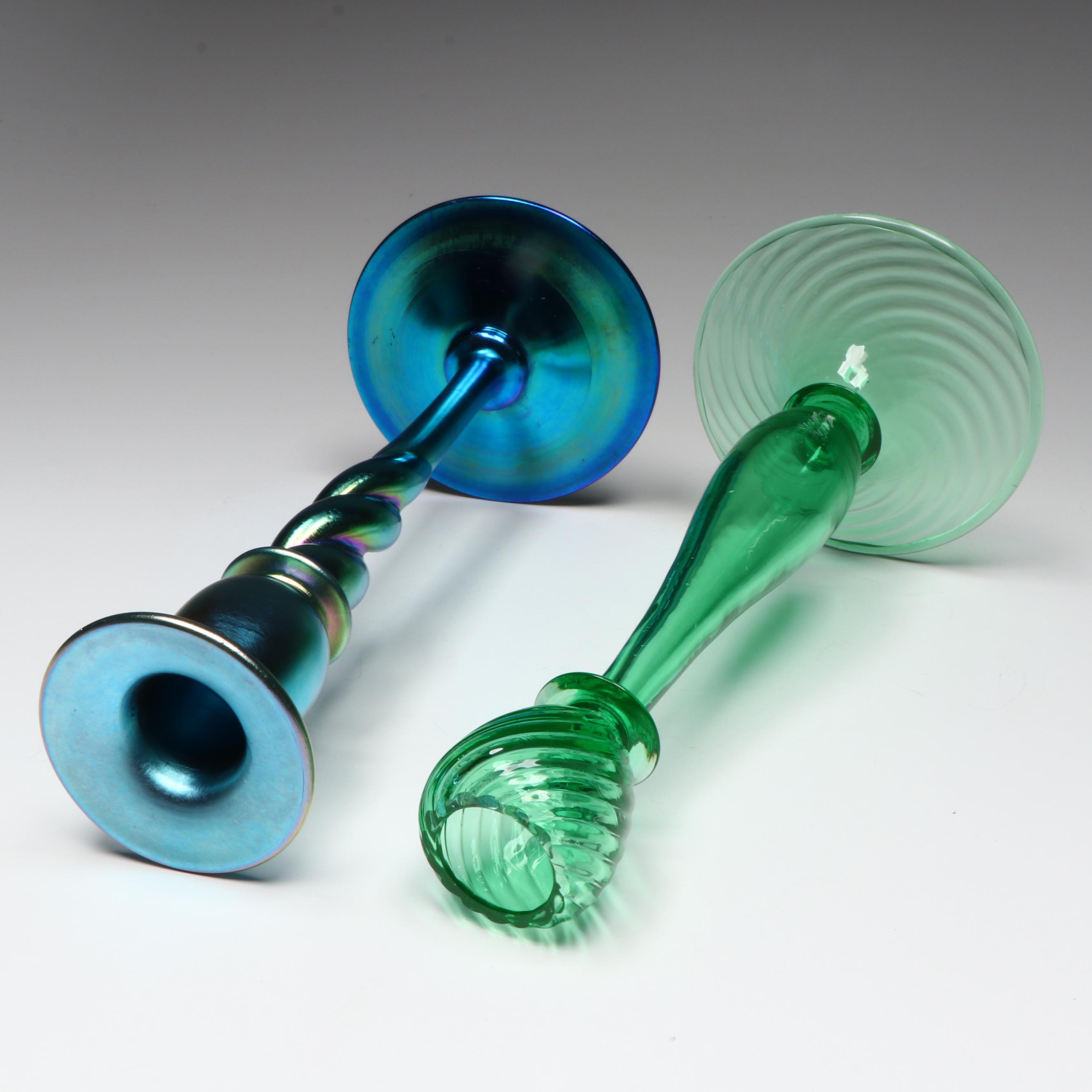 Steuben "Blue Aurene" Iridescent with Green Optic Swirl Glass Candlesticks