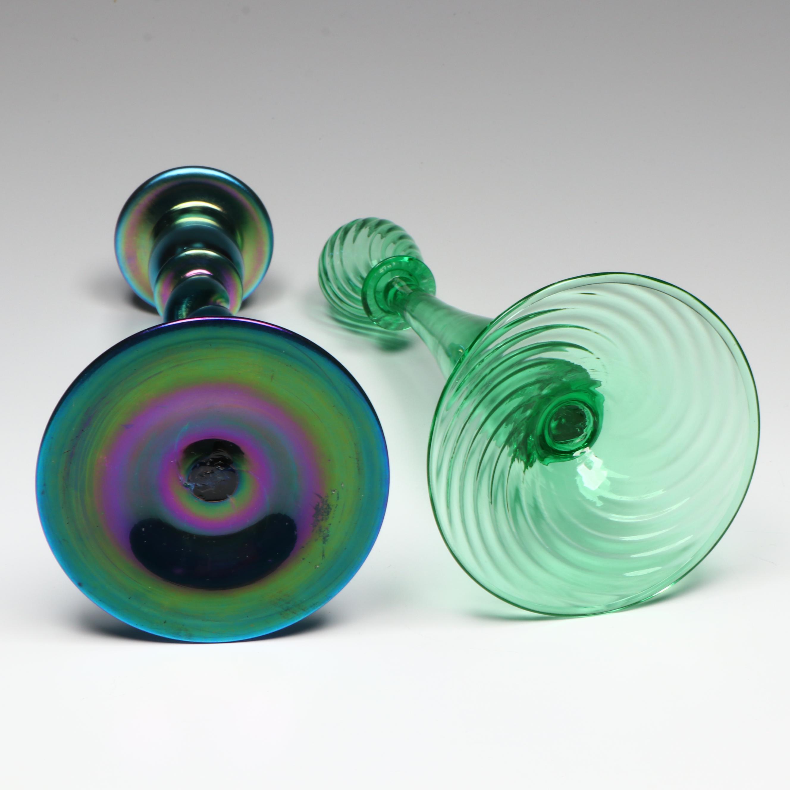 Steuben "Blue Aurene" Iridescent with Green Optic Swirl Glass Candlesticks
