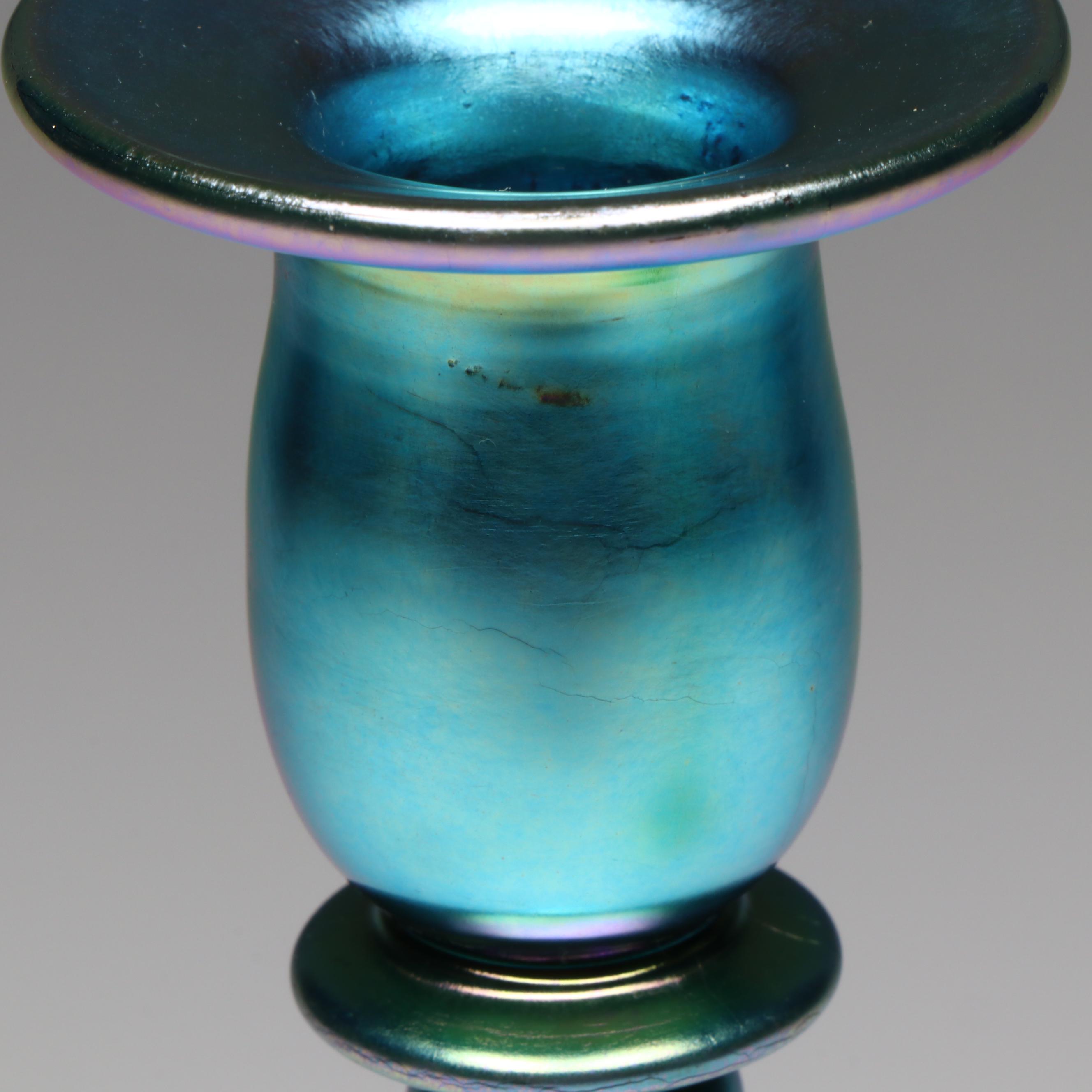 Steuben "Blue Aurene" Iridescent with Green Optic Swirl Glass Candlesticks