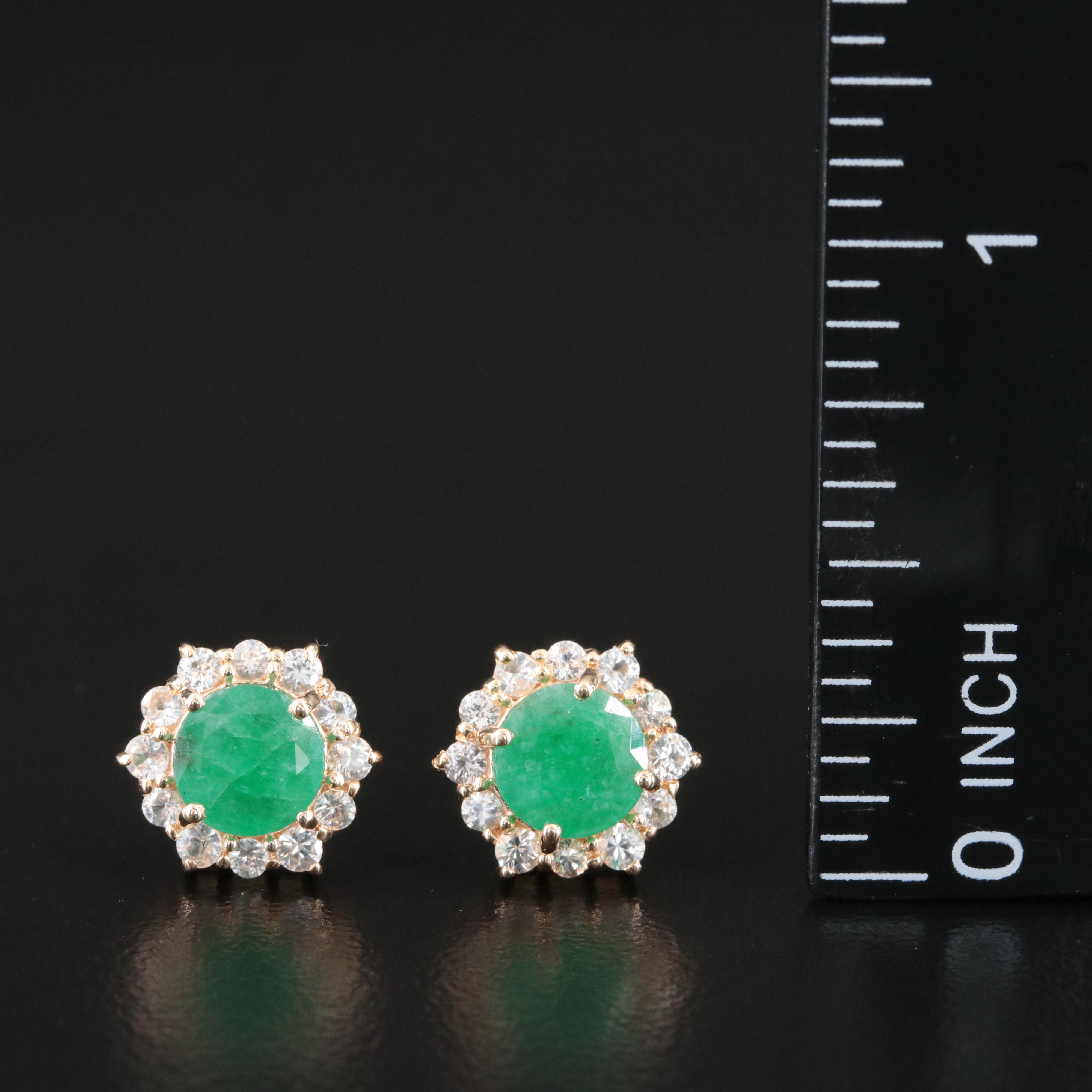 14K Emerald and White Sapphire Halo Earrings