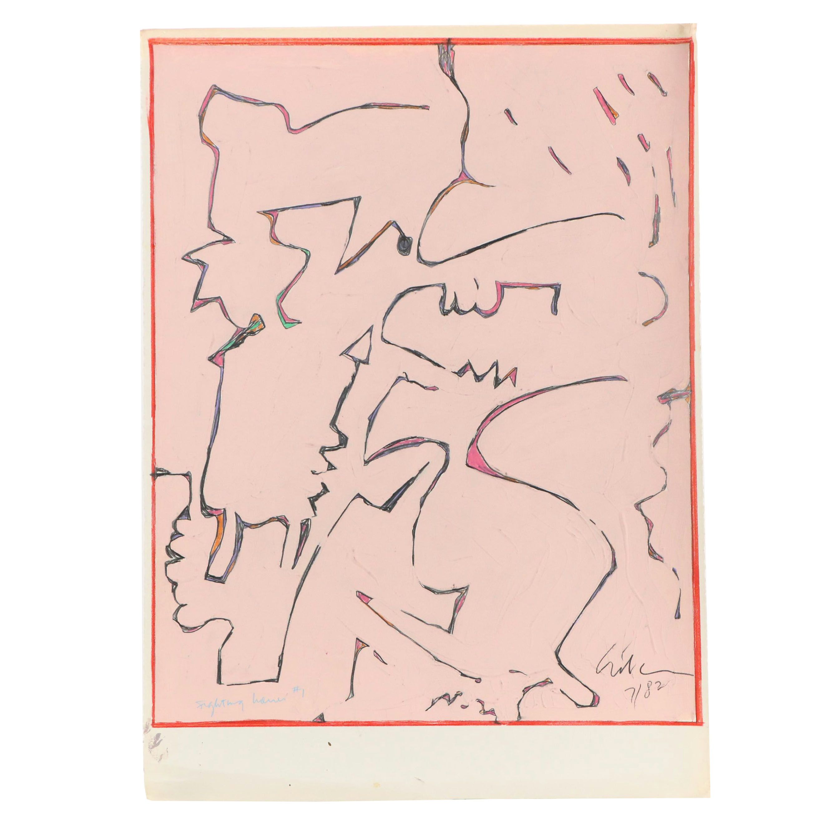 Harry Hilson Mixed Media Painting "Fighting Women #1," 1982