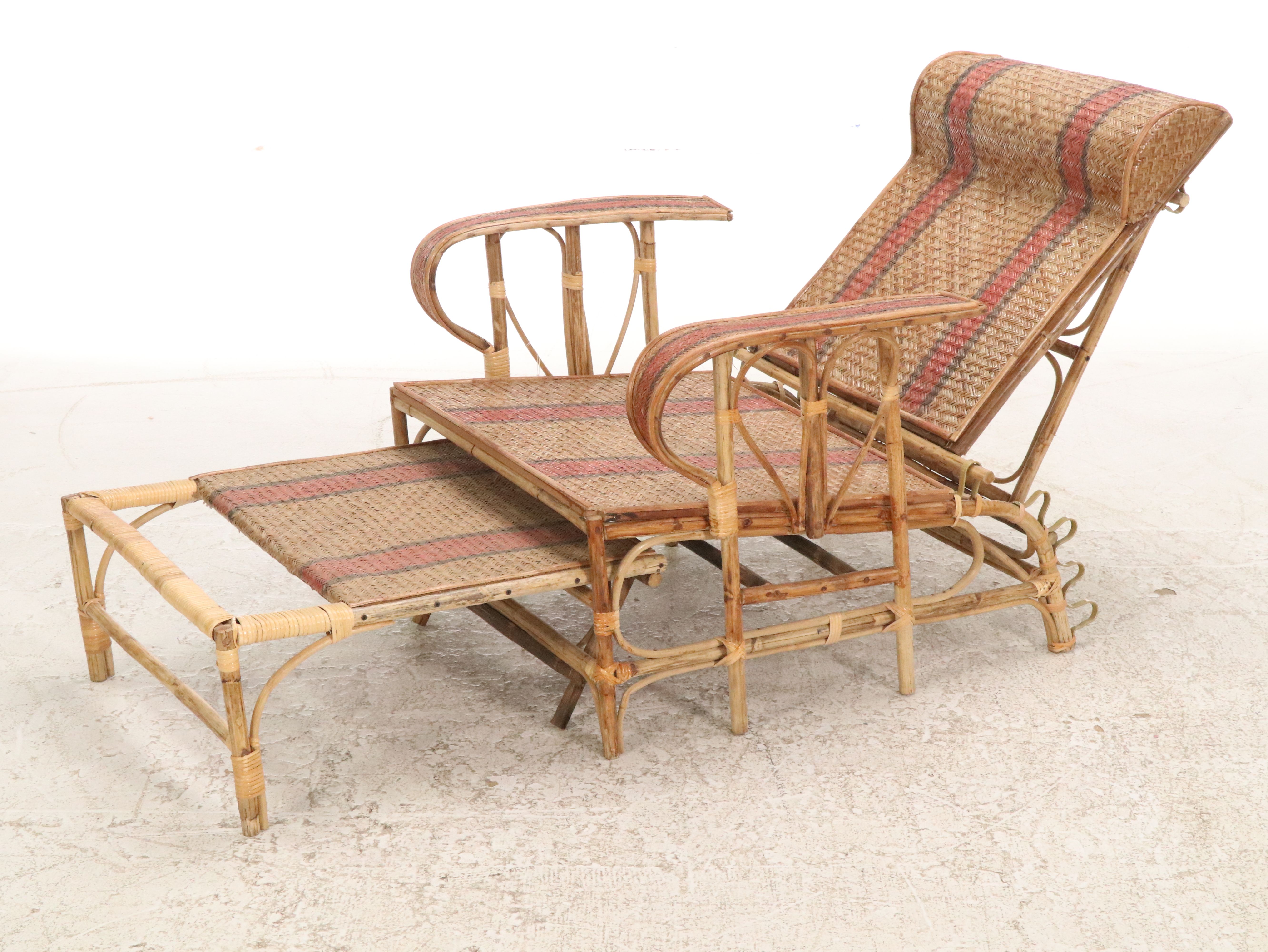 French Riviera Art Deco Style Bamboo and Woven Rattan Lounge Chair