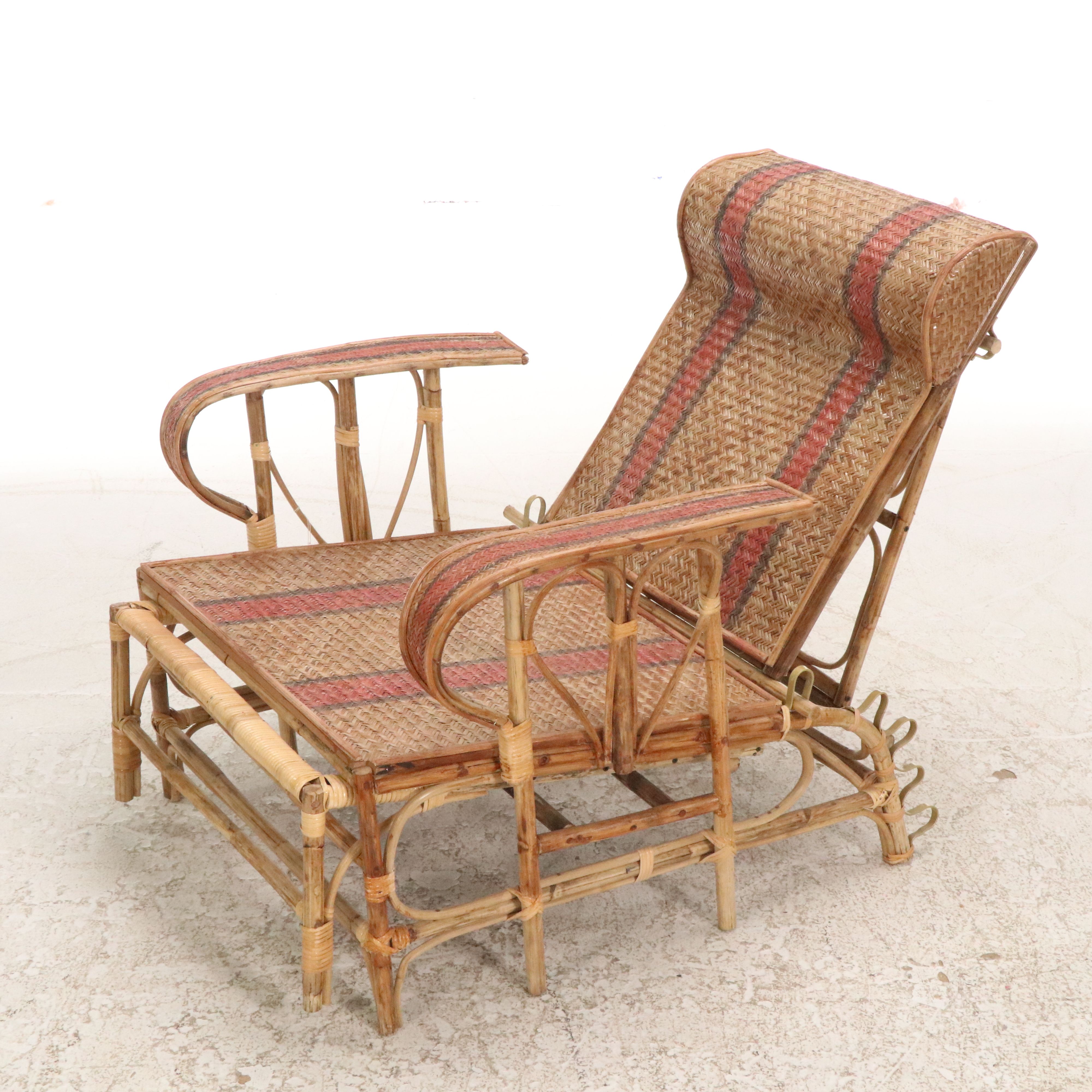 French Riviera Art Deco Style Bamboo and Woven Rattan Lounge Chair