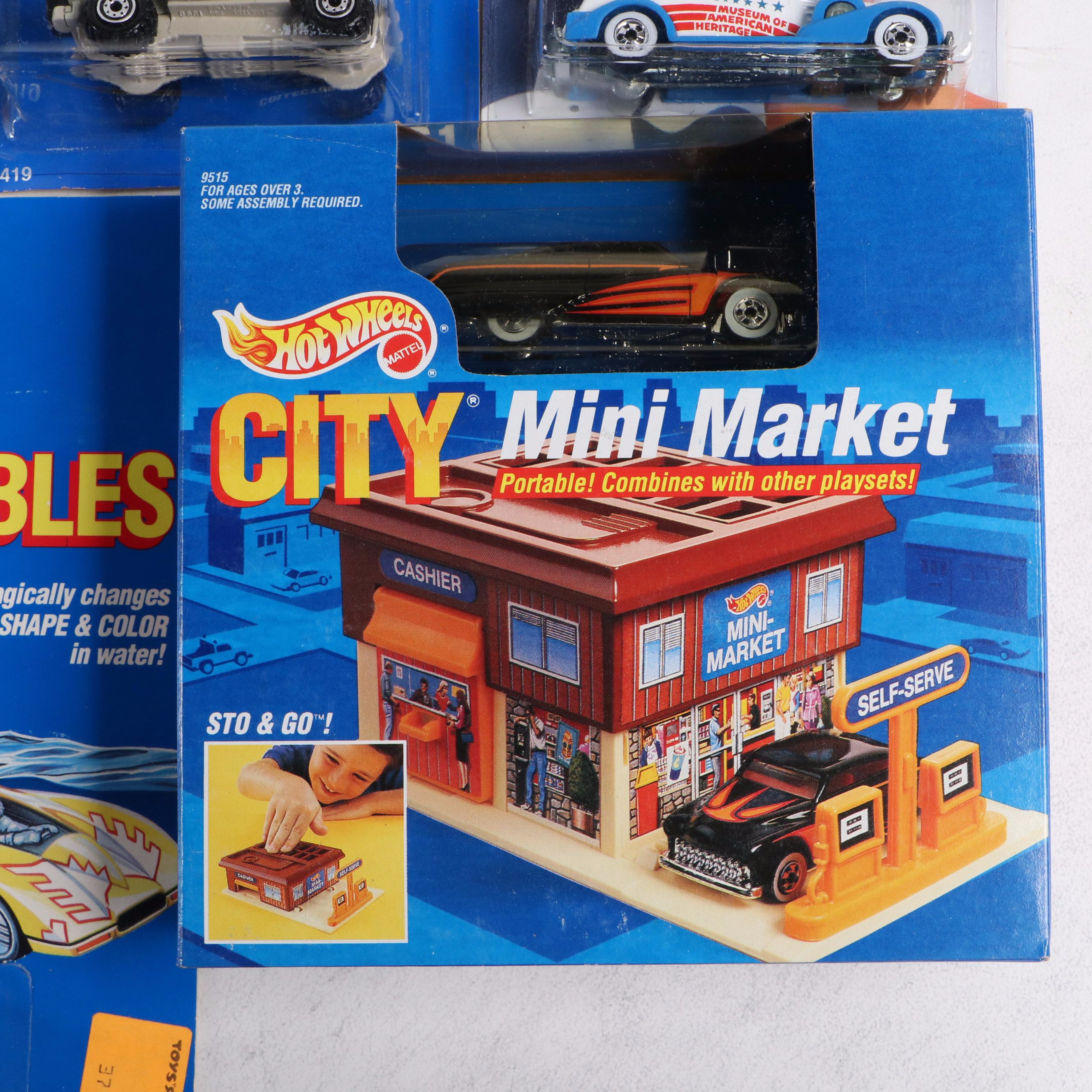 Hot Wheels "Oshkosh Cement Truck," "GT Racer" with More Cars and Canteen, 1990s