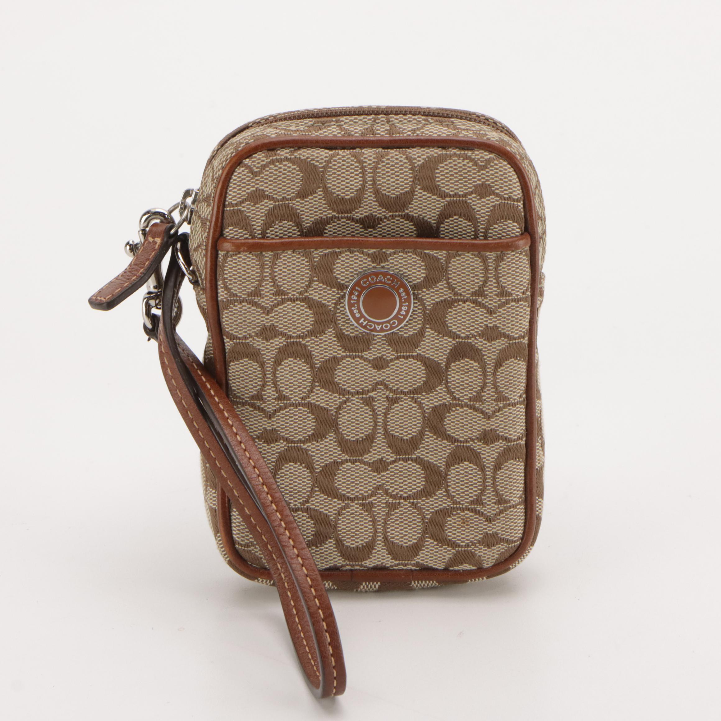 Coach Signature Canvas and White Leather Inserts, Zip Pouch and Phone Holder