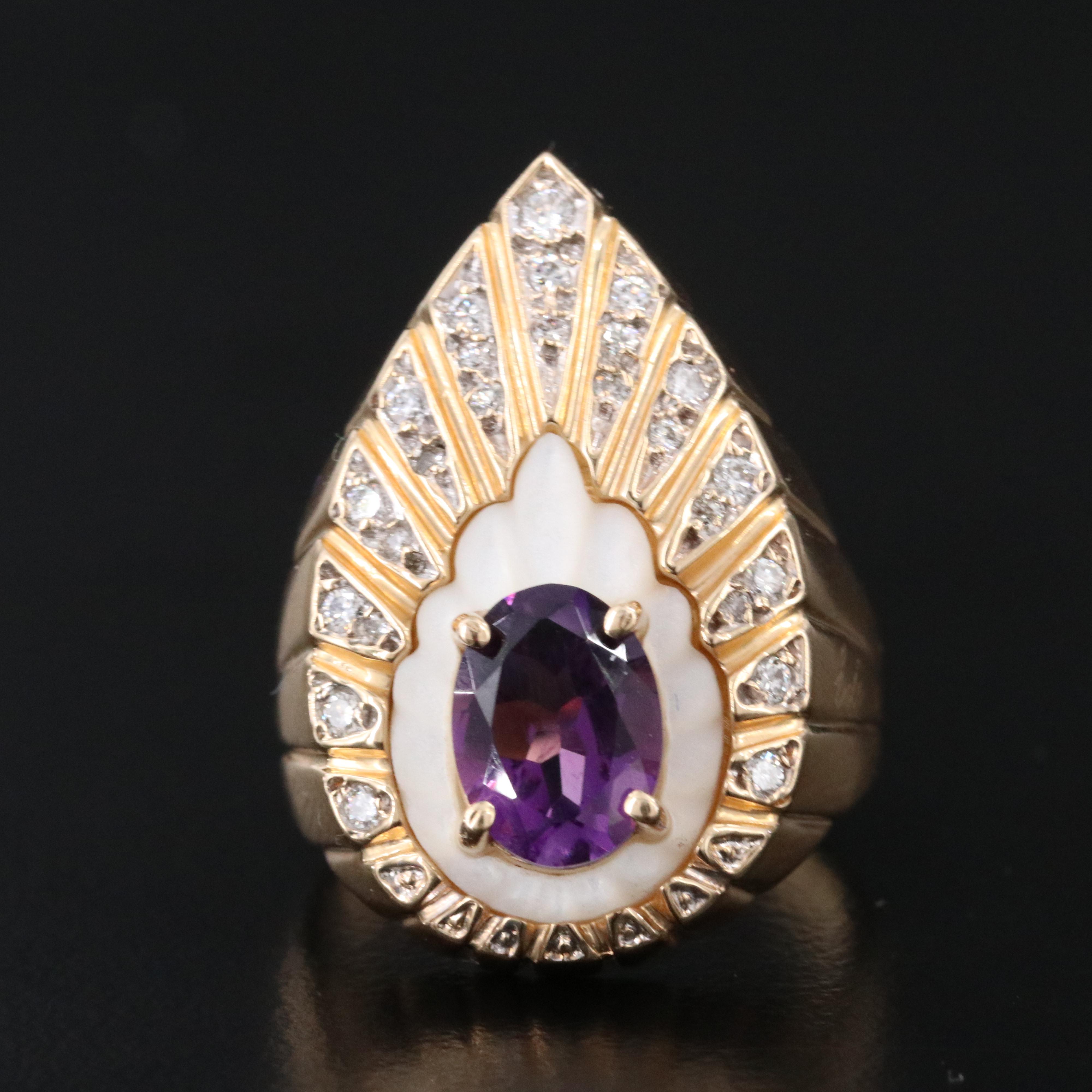 Erté by Circle of Fine Arts 14K Amethyst, Mother-of-Pearl and Diamond Ring