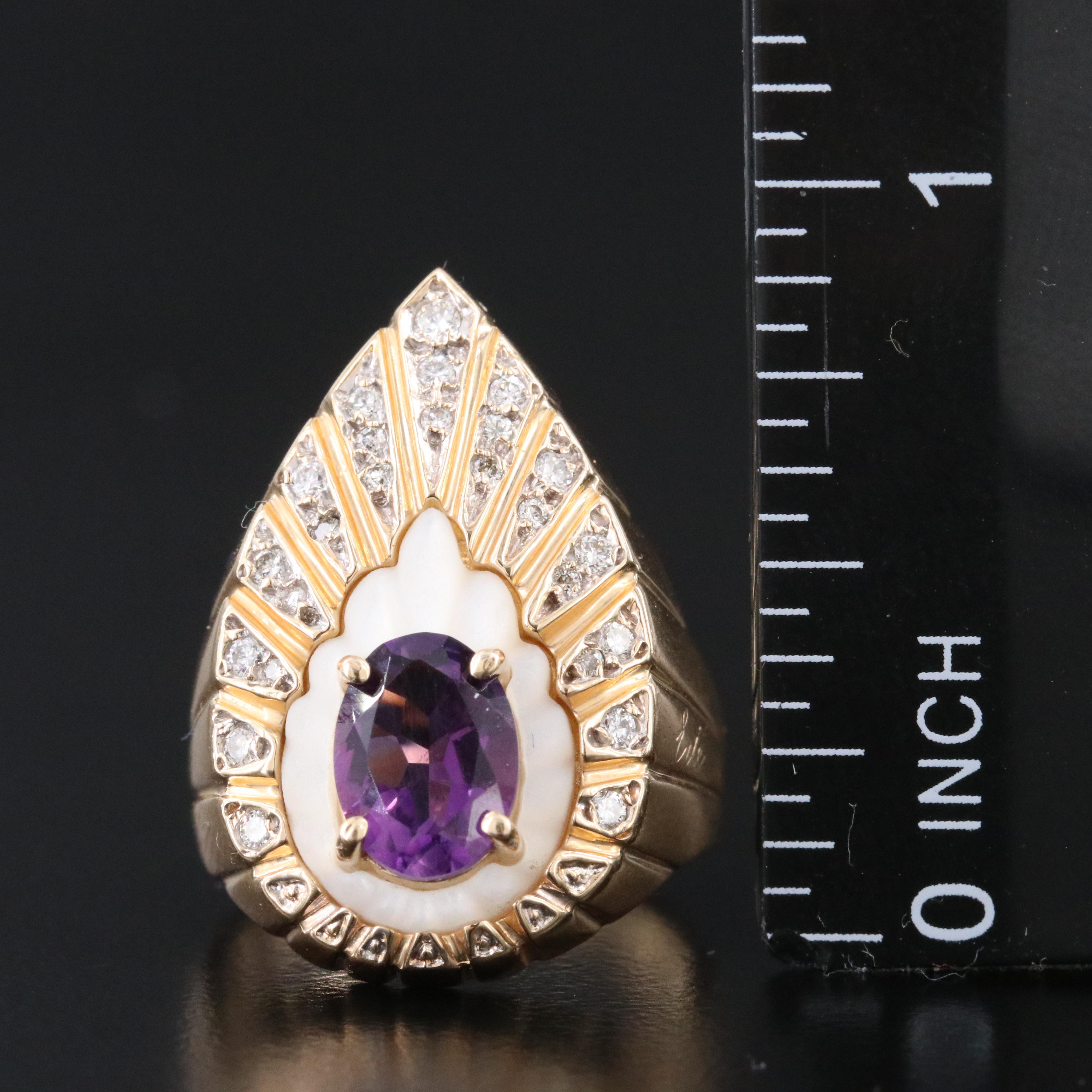 Erté by Circle of Fine Arts 14K Amethyst, Mother-of-Pearl and Diamond Ring