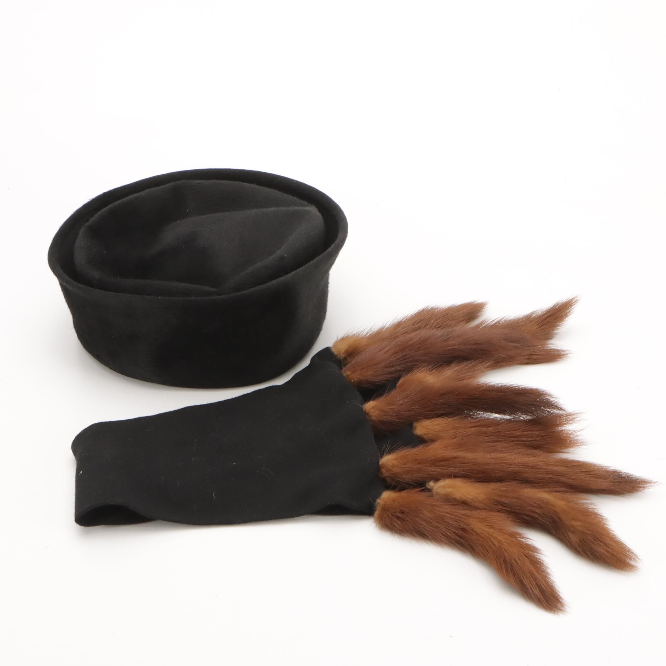 Leslie James Fur Felt Bumper Hat and Other Wool Scarf with Mink Fur Tails, 1940s