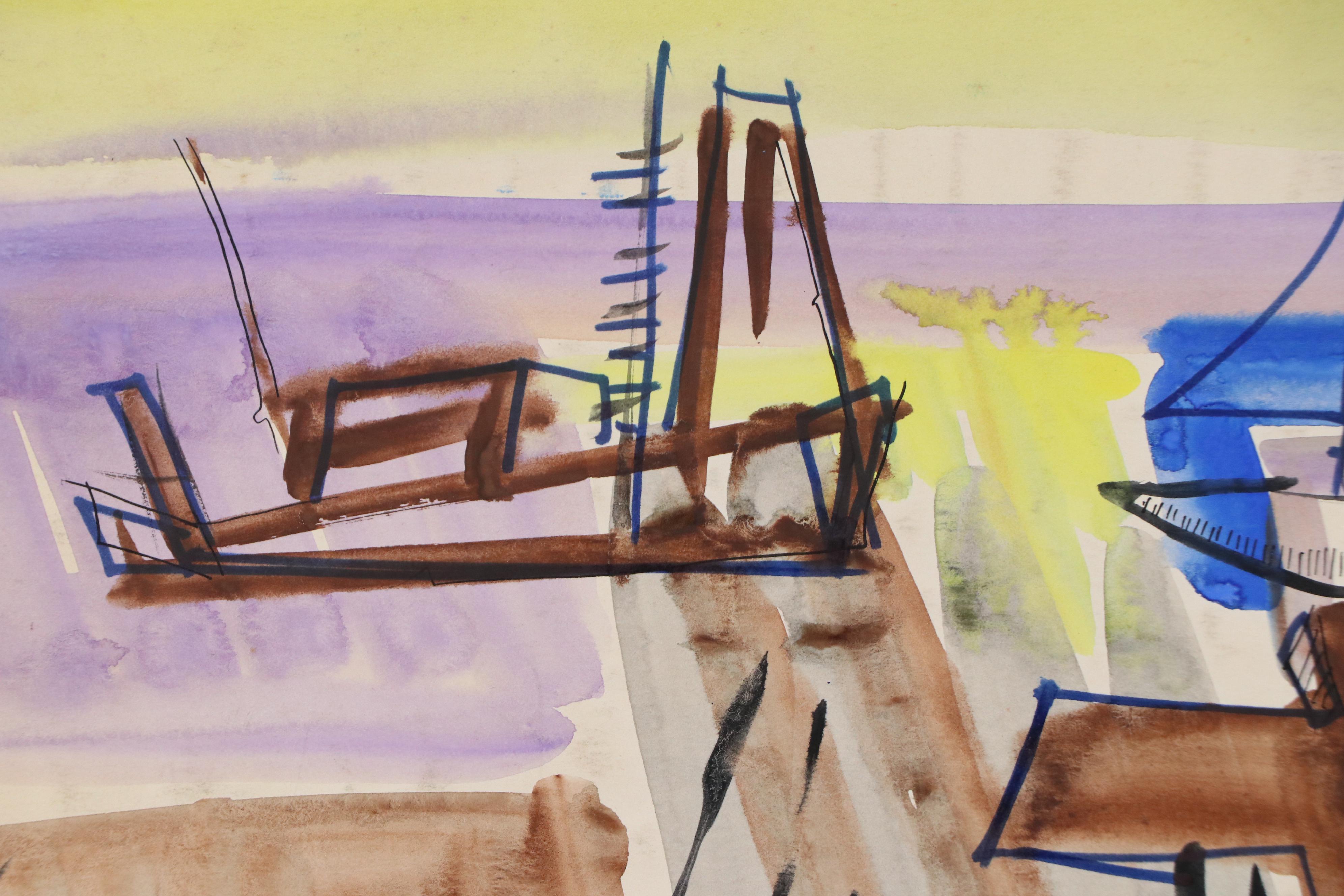 Fred R. Schwartz Stylized Watercolor Painting of Dock with Boats, Mid-20th C.