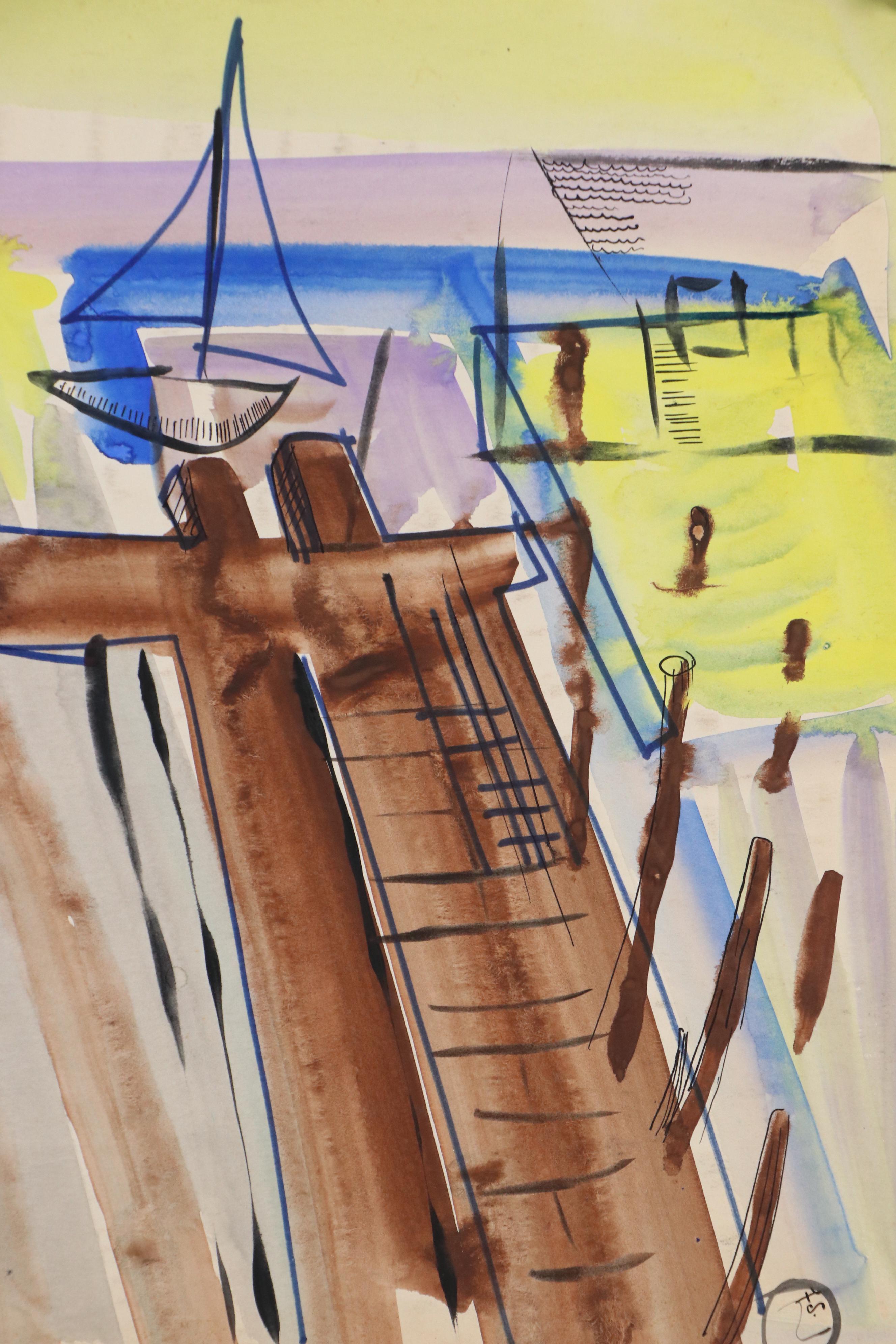 Fred R. Schwartz Stylized Watercolor Painting of Dock with Boats, Mid-20th C.