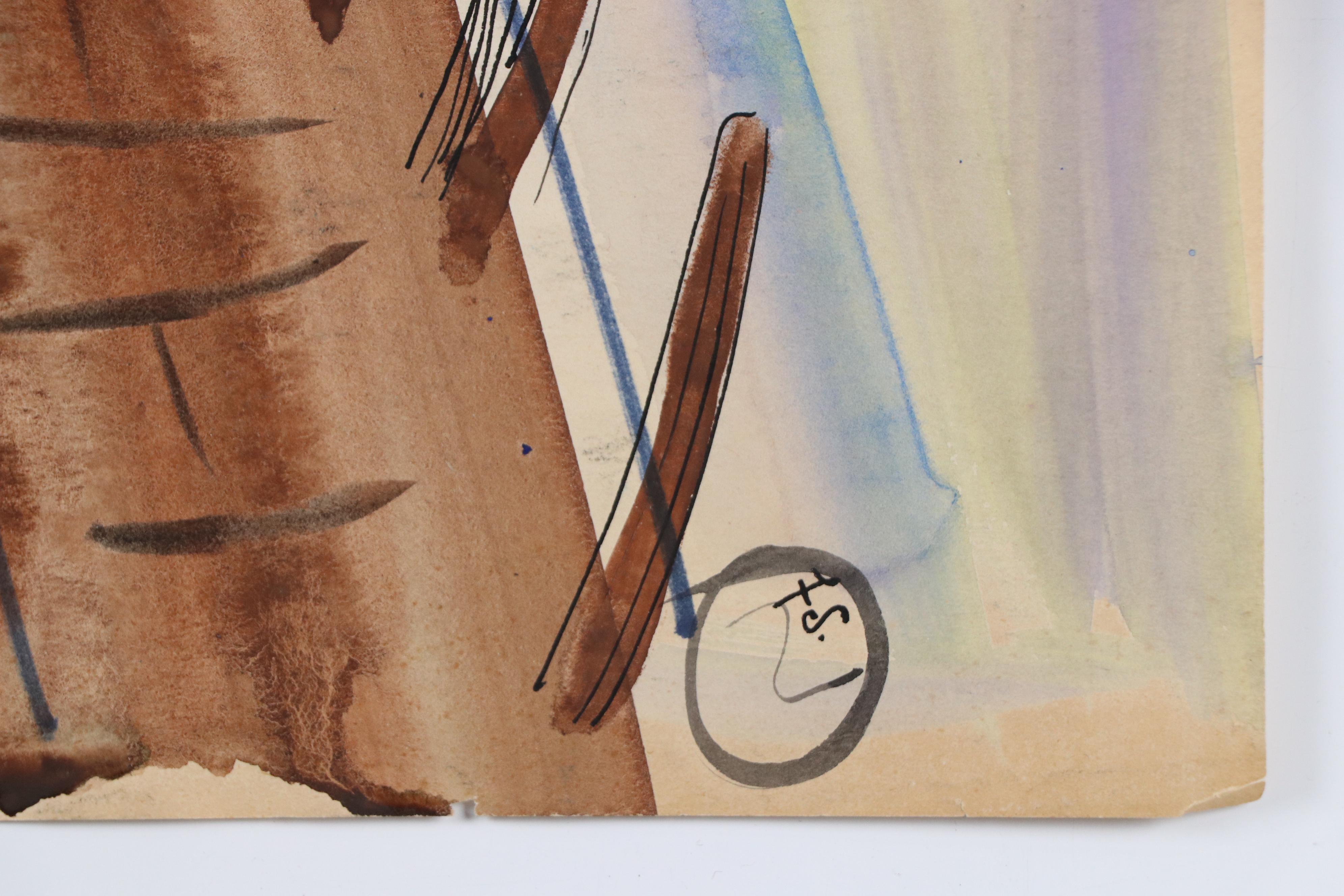 Fred R. Schwartz Stylized Watercolor Painting of Dock with Boats, Mid-20th C.